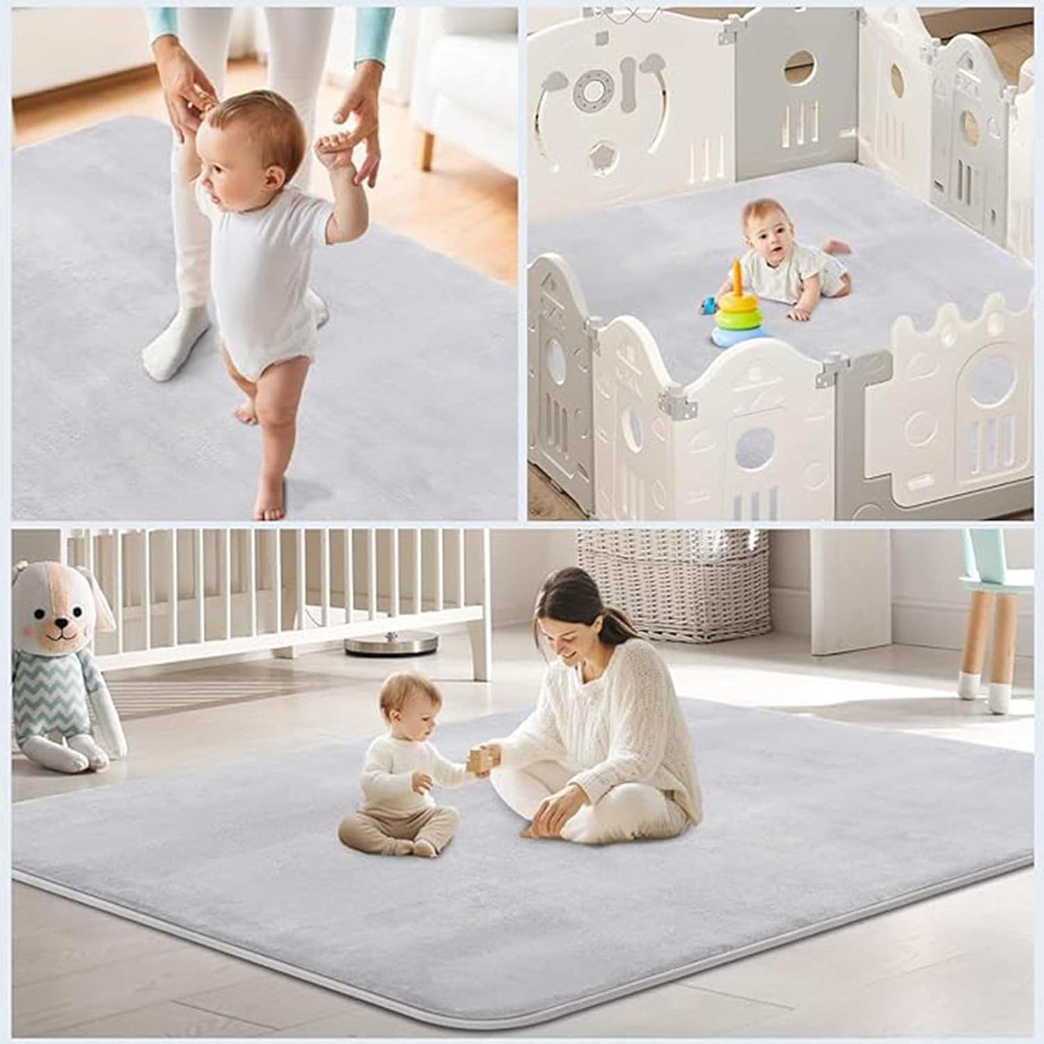 Thick Baby Play Mat for Floor, 130 X 130Cm Playpen Mat,Tummy Time Foam Mat,Ultra Soft Support & Plush Feel,Easy Care with Non-Slip Cushioned for Infant,Kids and Toddler Crawling,Grey image number 3