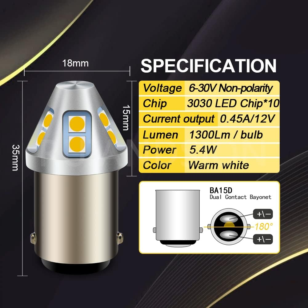 Ruiandsion 2Pcs BA15D LED Bulb 6V 12V 24V Warm White 1004 1076 LED Light Bulbs 6-30V Replacement for Car Camper Interior Lights, Non-Polarity image number 6