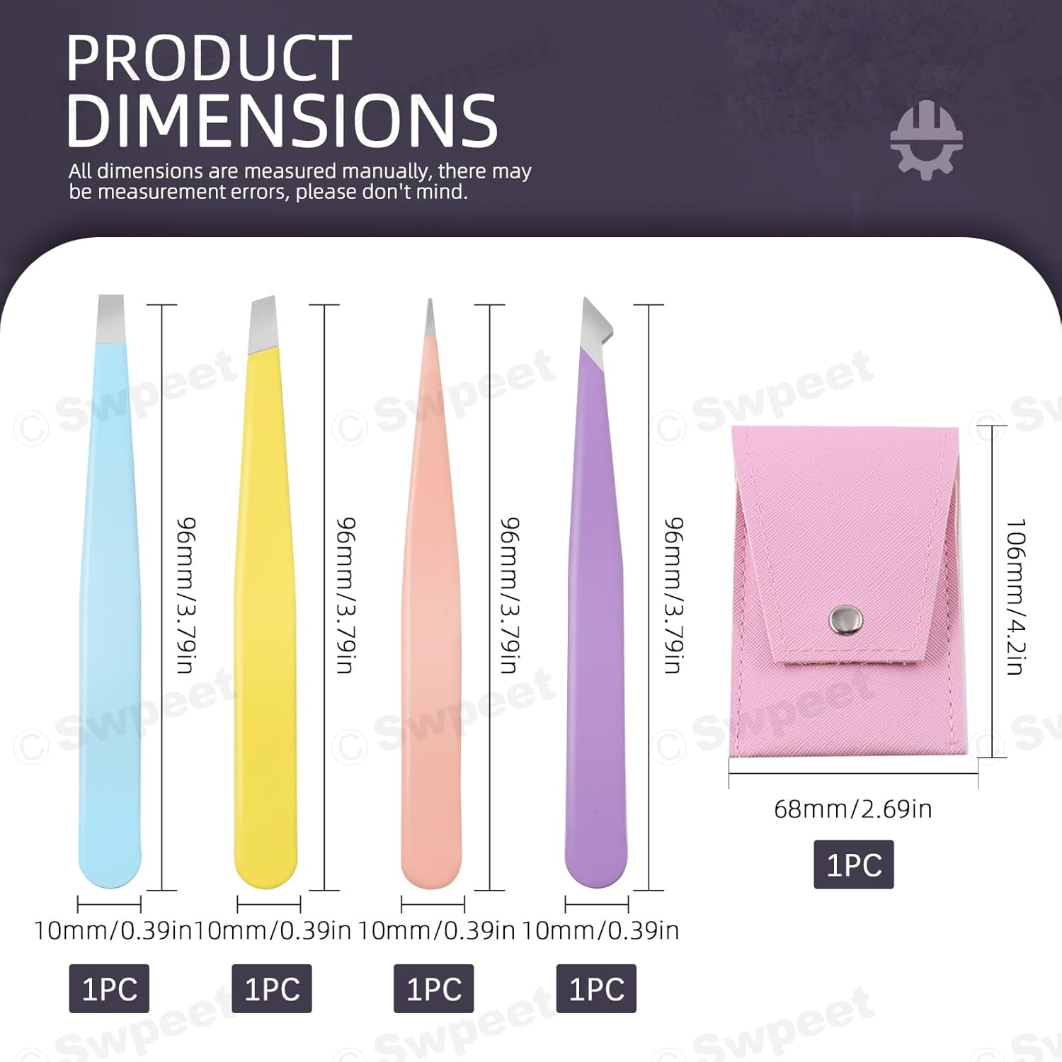 Swpeet 4Pcs 3.79 Inches Multi-Color Eyebrow Tweezers Stainless Steel Tweezers Kit with Leather Travel Case, Professional Slant Pointed Precision Tweezers Great Precision for Eyebrows Facial Hair - Black image number 7