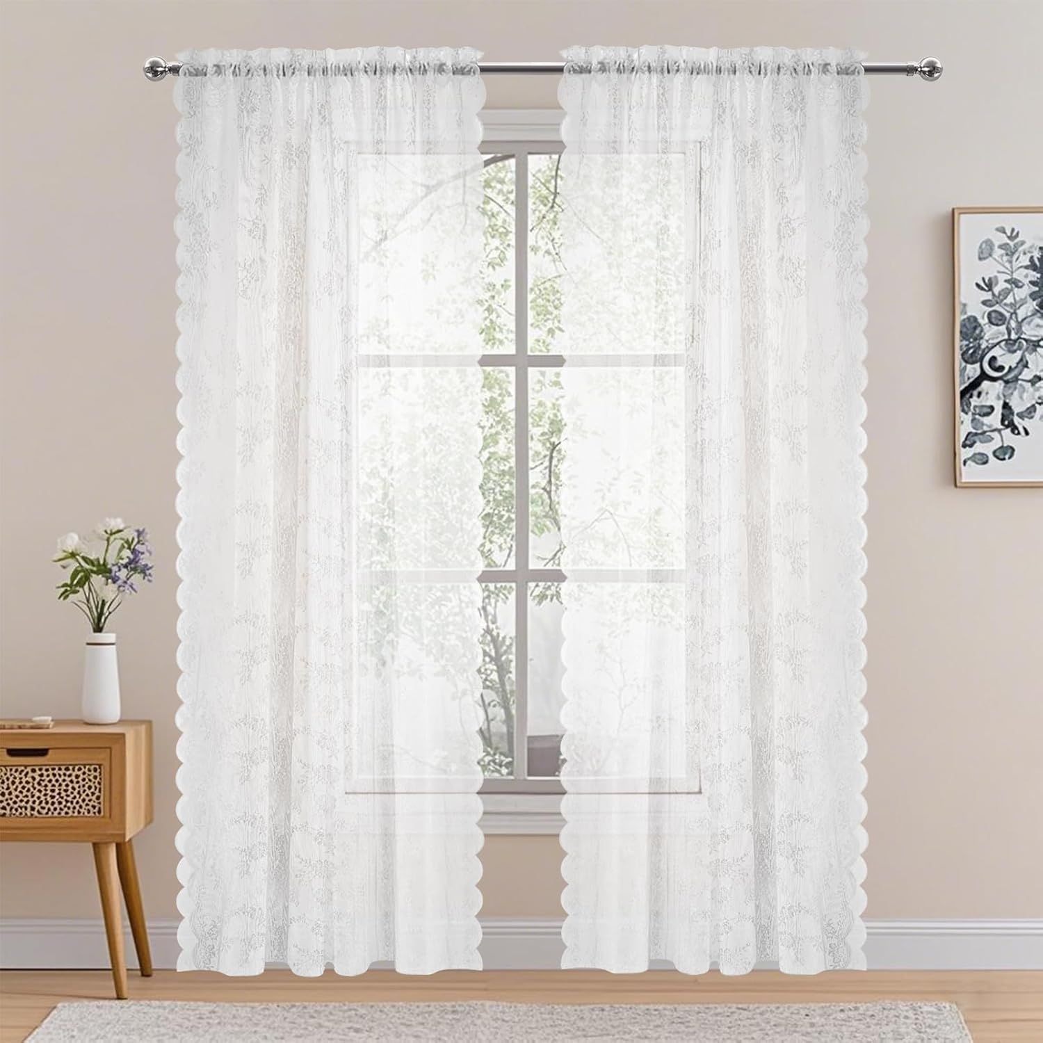 Neween Sheer Curtains White Floral Lace Curtains Rod Pocket Window Curtains Drapes for Short Curtains Bedroom, Each W145 X D160 Cm, Set of 2 Panels image number 4