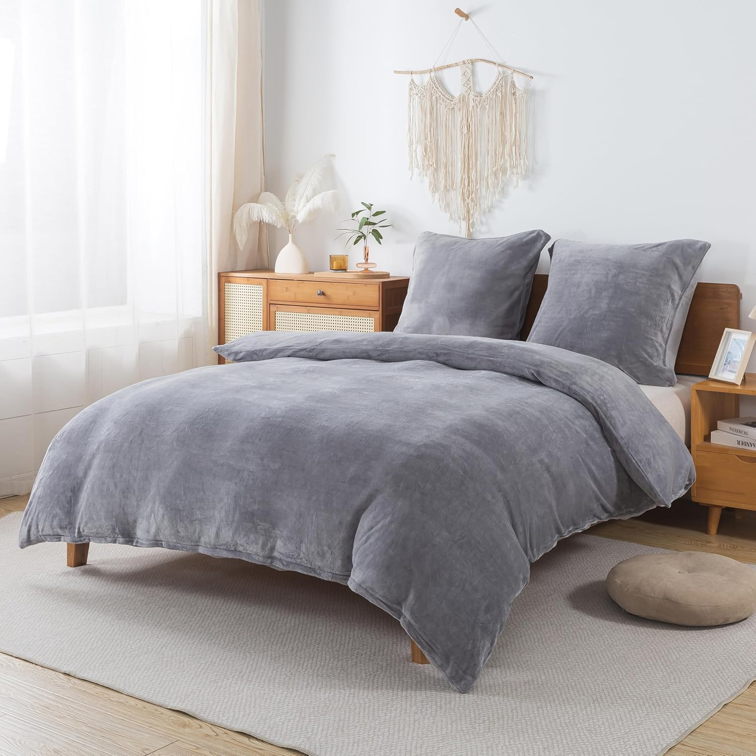 Rongrongin Fluffy Bed Linen 155 X 220 Cm Grey - Autumn Winter Duvet Cover Fleece with 1 Pillowcase 80 X 80 Cm, Warm Soft Cuddly Bedding Set with Zip, Winter Bedding for Single Bed