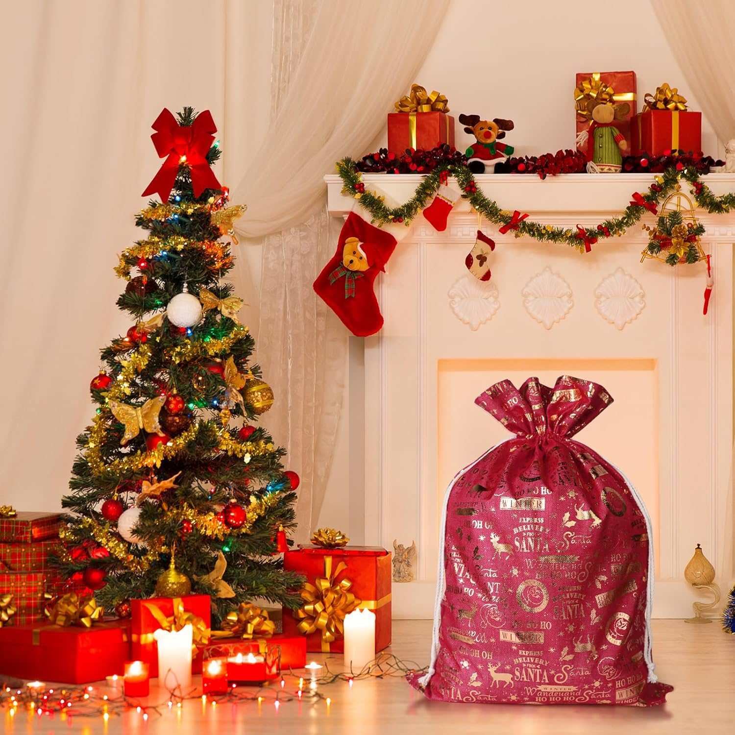 LIAN Santa Sack Christmas Bags Large Burlap Bag Bags with Drawstring Reusable Holiday Supplies Christmas Party Favors (50 * 70CM, Style 1) image number 5