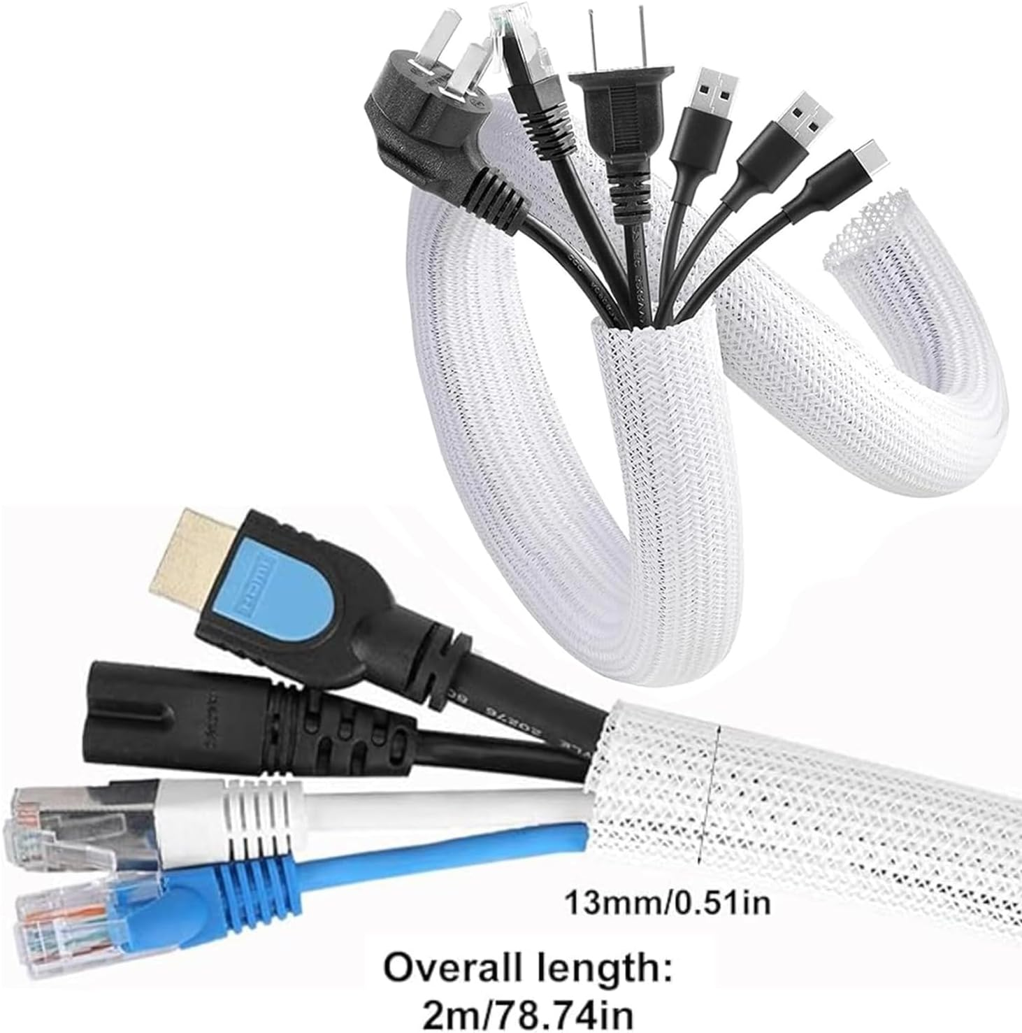 2Pcs White Cable Sleeve, Cord Management Wire Organizer under Desk, Home Office Computer Wire Cover Hider Cord Protector, Protect Cables from Pet Cat Dog Chewing, White ﻿ image number 6