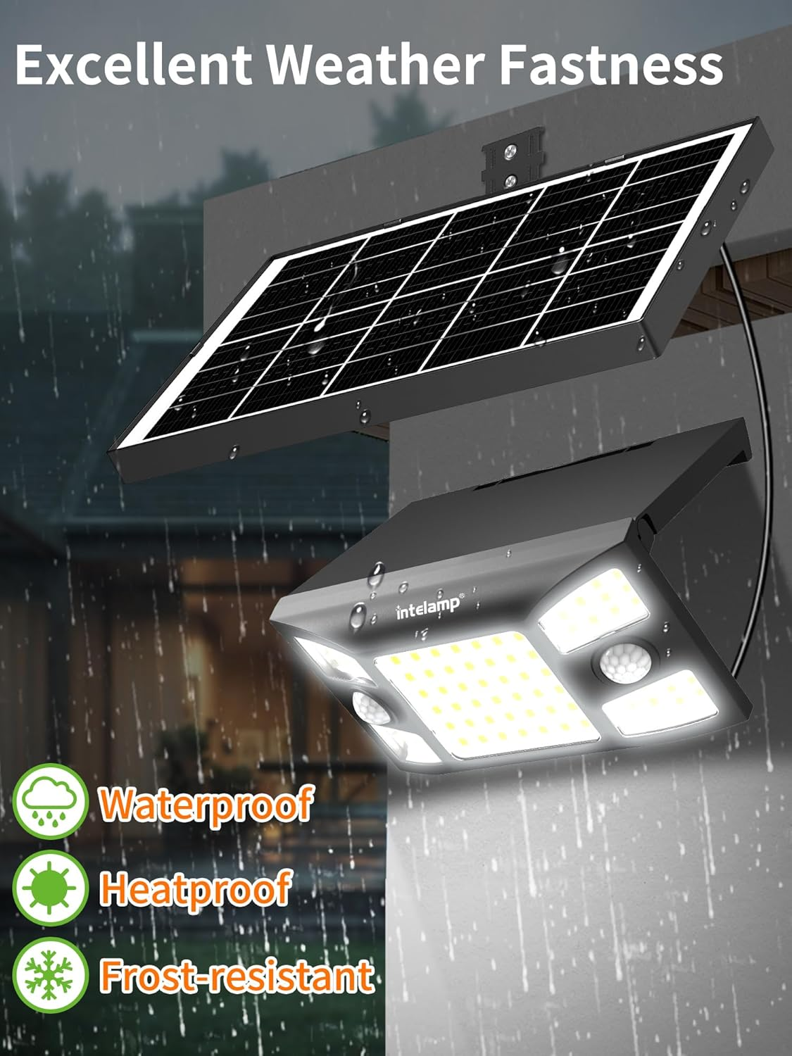 Intelamp Outdoor Solar Light, Three Modes, 180&deg; Dual Motion Sensor Solar Light with Independent Solar Panel, Solar Flood Light for Yard, Garage, Garden image number 1