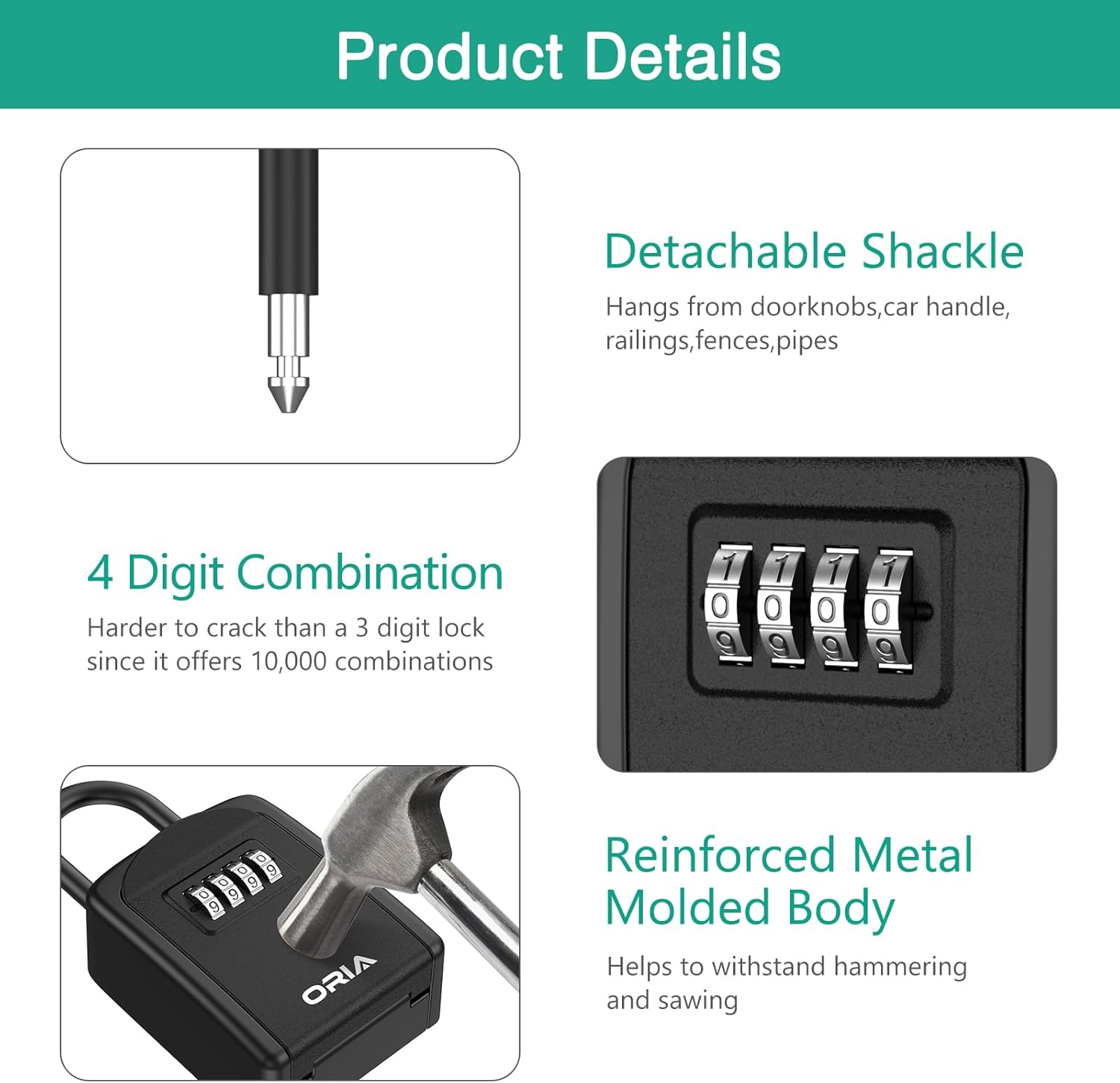 ORIA Key Lock Box, Key Safe Lock Box with Removable Shackle, 4-Digit Combination Lock Box, Resettable Code Key Storage, Weatherproof Lockbox for Home, Office, Garage, Indoor & Outdoor &ndash;Black