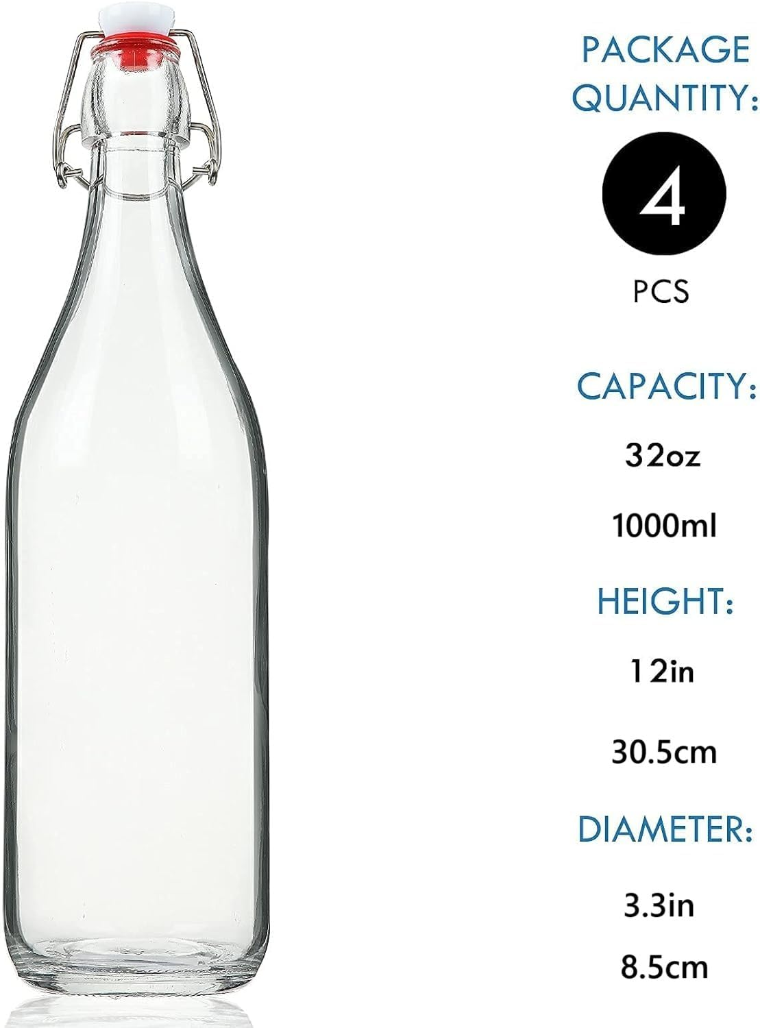 Starwood 32 Oz Clear Glass Bottles with Airtight Silicone Stopper &ndash; Set of 4 Reusable Bottles for Kombucha, Beer, Kefir, Fermentation, Home Brewing, Swing Top Leak-Proof Design
