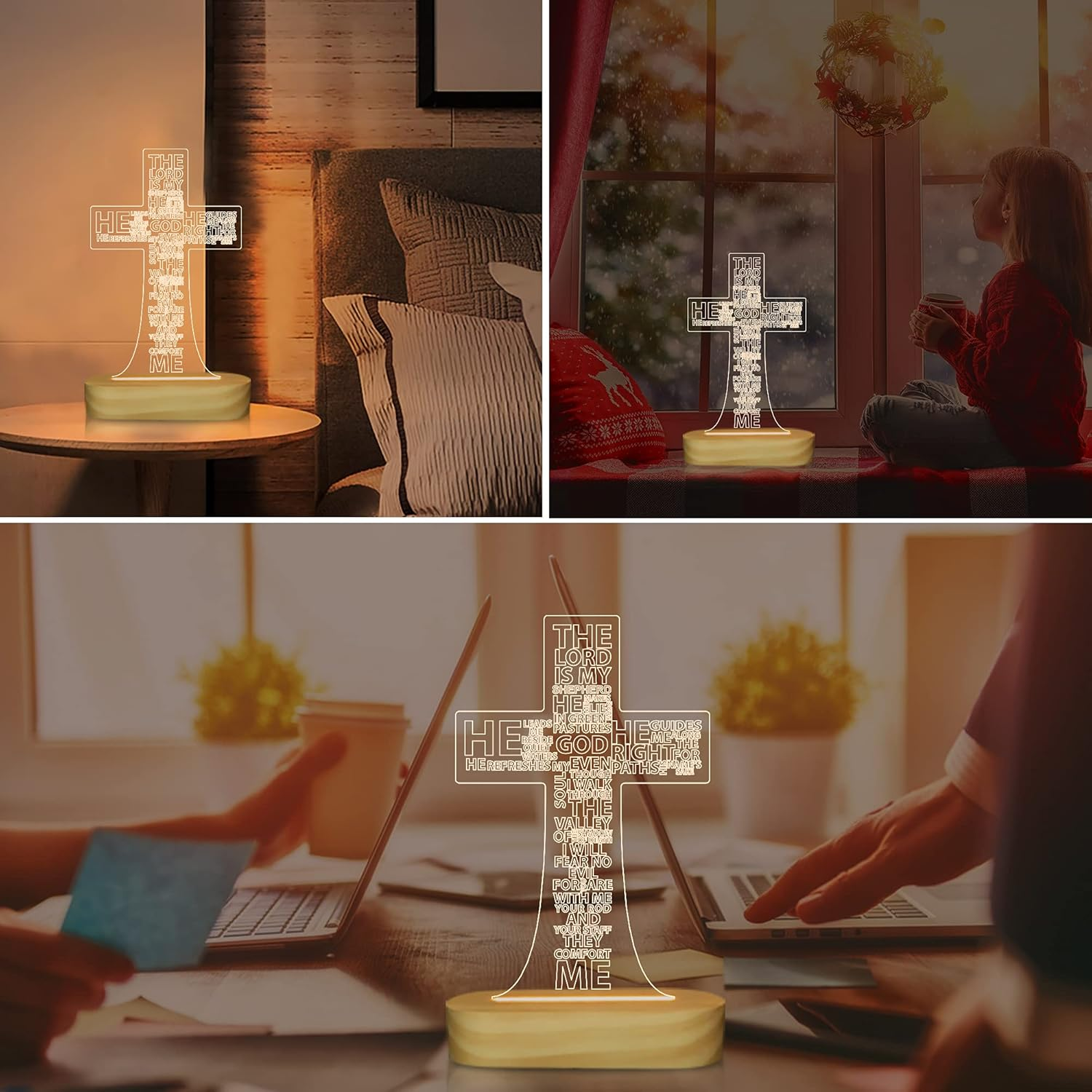 Jesus Cross 3D Night Light Desk Table Lamps,Warm Colors LED Wooden Lighting for Holiday Gifts image number 6