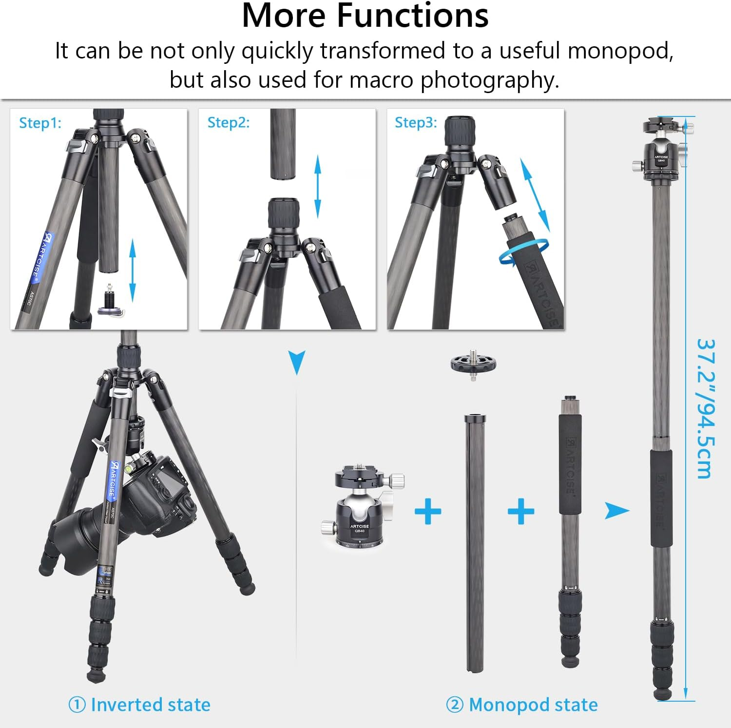 69.7" Carbon Fiber Camera Tripod with Low Profile Ball Head ARTCISE Professional Lightweight Compact Tripod with Two 1/4 Inch Quick Shoe Plate for DSLR Camera,Video Camcorder, Max Load 44Lbs/20Kg image number 3