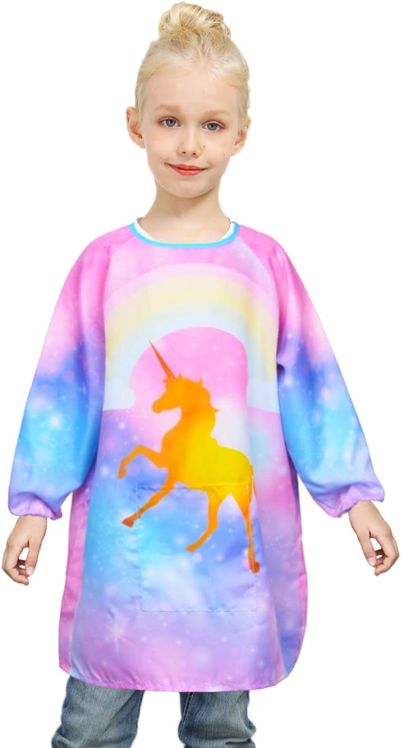 Fiodrimy Kids Art Smock, Unicorn Painting Smocks with Pocket, Waterproof Artist Long Sleeve Artist Apron for Child Girls Boys 8-12 Years, Large