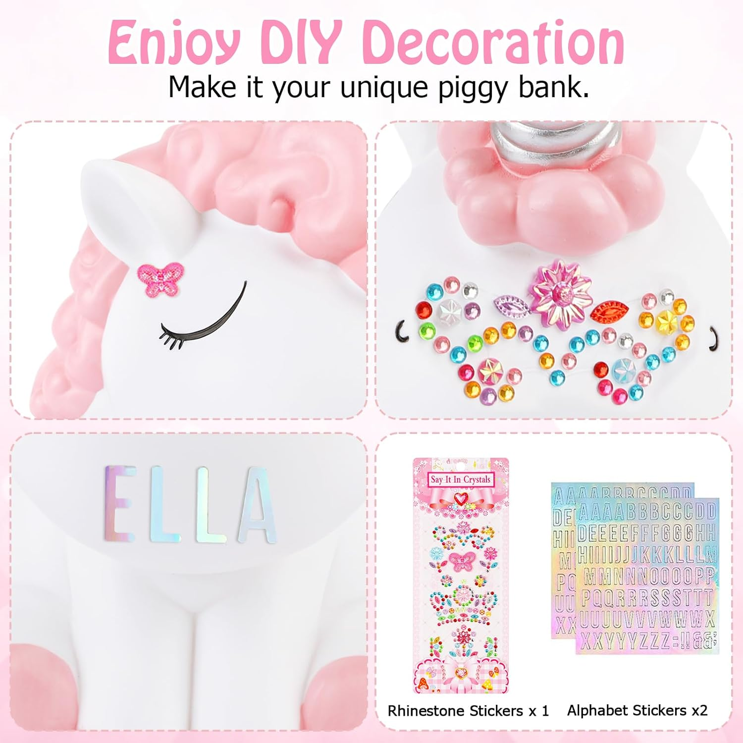 Unicorn Piggy Bank Girls, Briuhap Unbreakable Resin Money Coin Bank, Cute Kids Piggy Bank with DIY Alphabet & Rhinestone Stickers, Great Gifts for Birthday, Christmas, Baby Shower image number 4