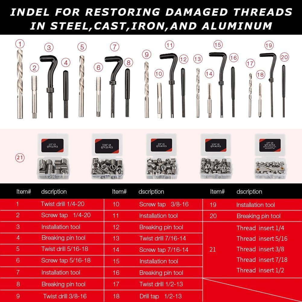 AKM 338Pc Thread Repair Kit, HSS Drill Helicoil Repair Kit Sae&Metric，1/4" 5/16" 3/8" 7/16" 1/2" M5 M6 M8 M10 M12 Kit with Thread Gauge