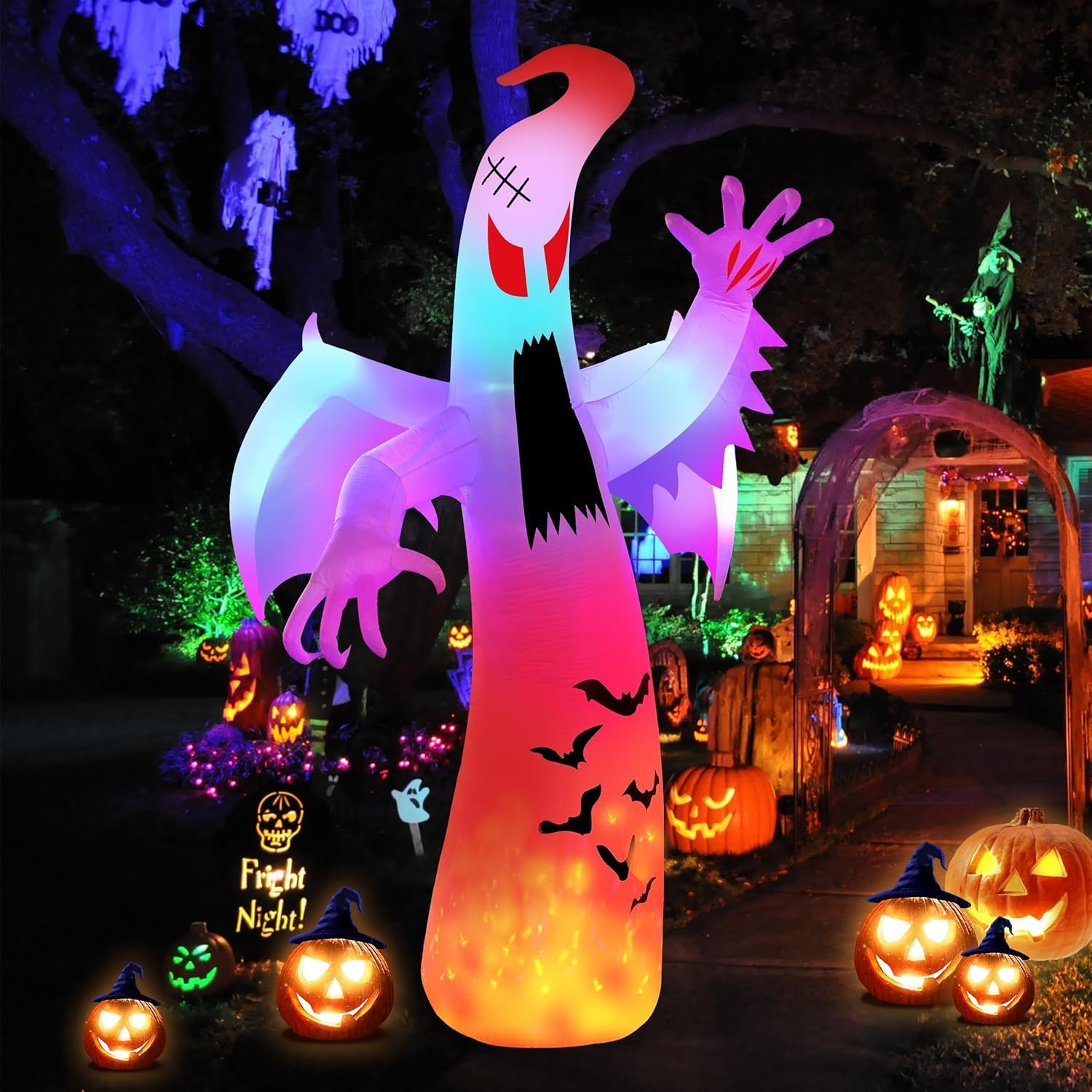 Halloween Inflatables Ghost Decorations Outdoor, 12FT Giant Ghosts of Halloween with Wings Scary Spooky Ghost Colorful Flashing and Flame for Outdoor Yard Decorations, Garden, Lawn image number 1