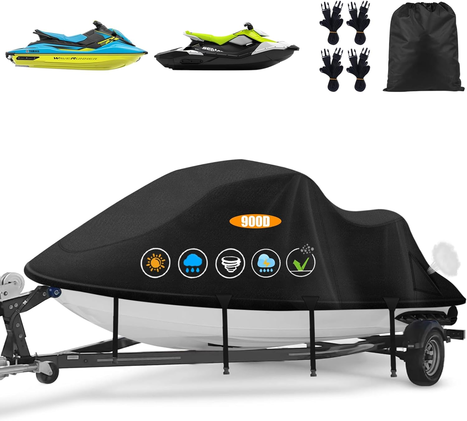 Jet Ski Covers,Upgraded 900D Waverunner Cover Waterproof,Durable Jet Ski Cover 3 Seater with 2 Air Vents，4 Windproof Buckles，Easy on Universal Cover for Seadoo Spark(Silver-Black, XXL:121"-135")