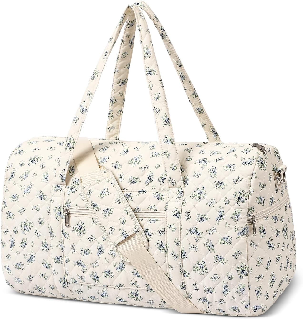Gym Bag for Women, Cute Duffle Bag, Quilted Duffle Bag for Travel, Floral Duffle Bags, Weekend Bag with Zipper Pocket Dance Bag Organizer, Quilted-Blue Flowers, with Shoe Compartment