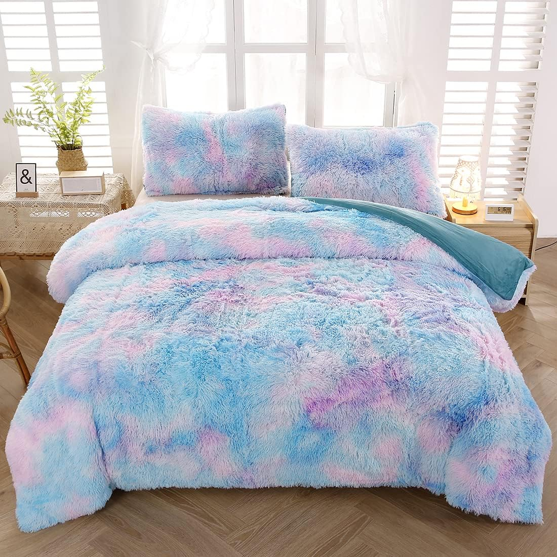 SUCSES Plush Shaggy Bedding Duvet Cover Set for Teens Girls, 3Pcs Faux Fur Fluffy Velvet Comforter Cover Set, Blue Purple Tie Dye Furry Bed Sets for Kids Teens (Blue Purple, Full)