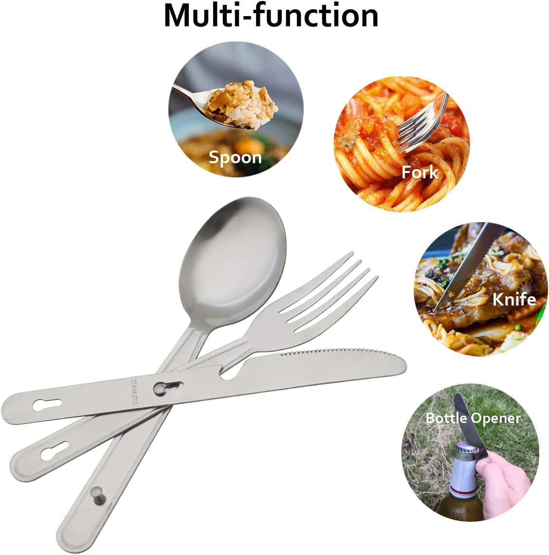 4-In-1 Camping Utensils Hiking Cutlery Set for 4, Portable Stainless Steel Flatware Spoon Fork, Knife & Bottle Opener Combo Pack for Picnic Travel, Barbecue, Backpack Outdoor Gear with Carrying Bag image number 1