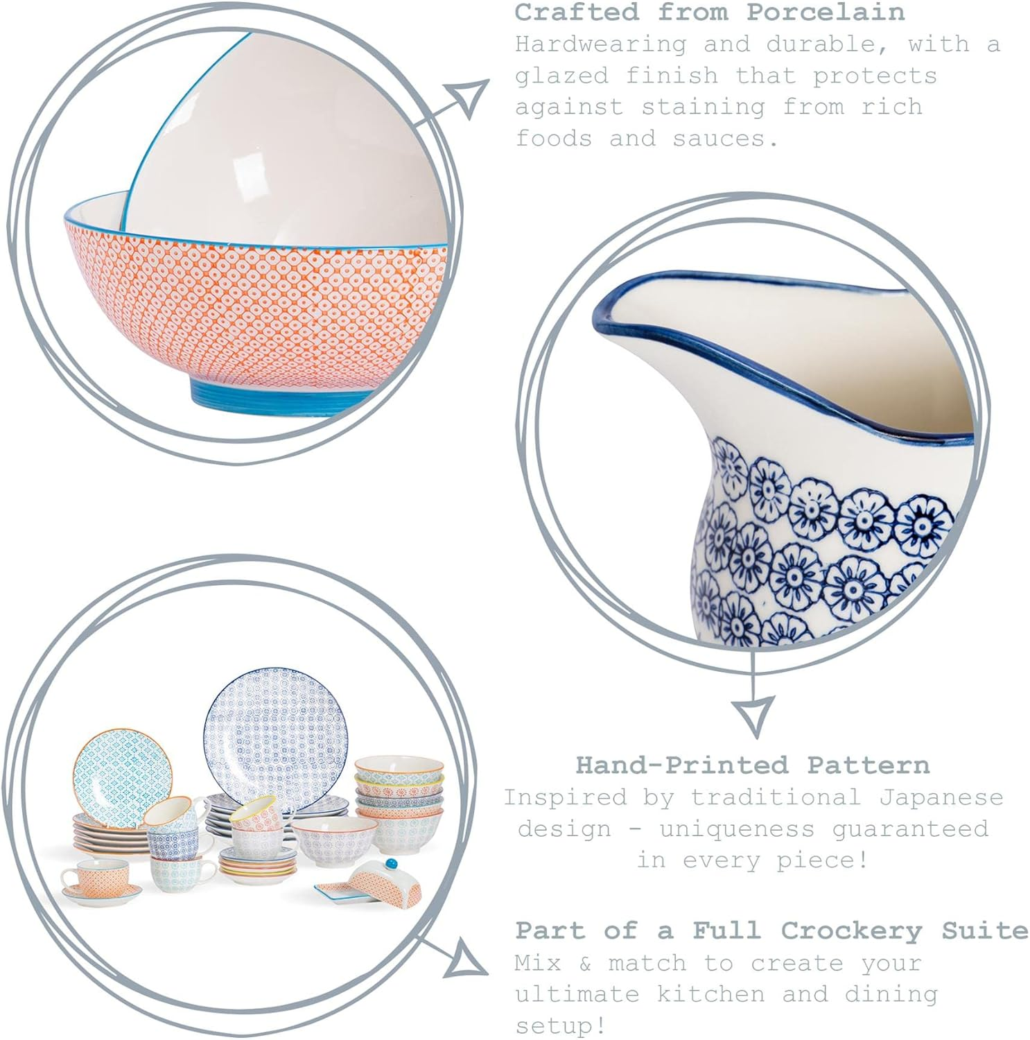 Nicola Spring Patterned Cereal Bowls - Orange - 16Cm - Pack of 6 - Hand Printed Japanese Style Porcelain Serving Bowls for Dessert, Pasta, Cereal, Salad, Noodles, Soup image number 6