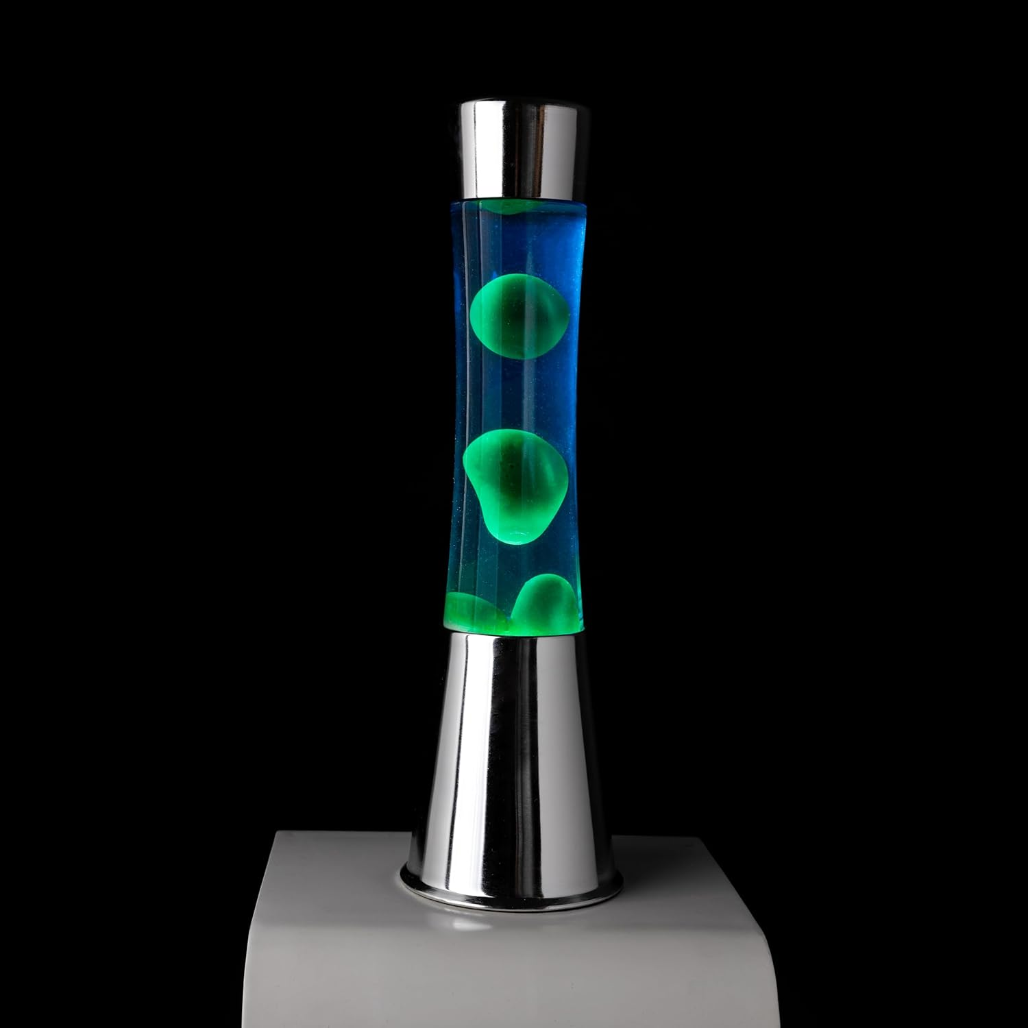 Fisura Lava Lamp with Chrome Base, Blue Liquid and Green Lava, Relaxing Effect, with Spare Bulb Included, Dimensions 11 Cm X 11 Cm X 39.5 Cm image number 5