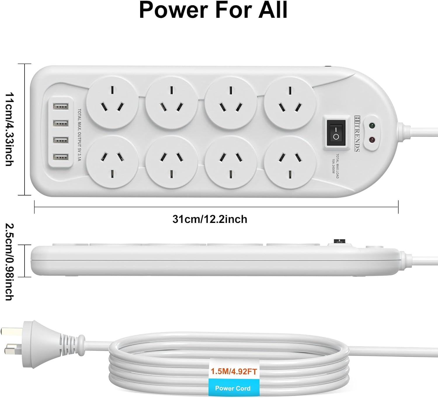 Power Board Surge Protected, Power Strip with 8 AC Outlets and 4 USB Charging Ports, USB Power Board with 1.5M Extension Cord, Wall Mount for Home Office