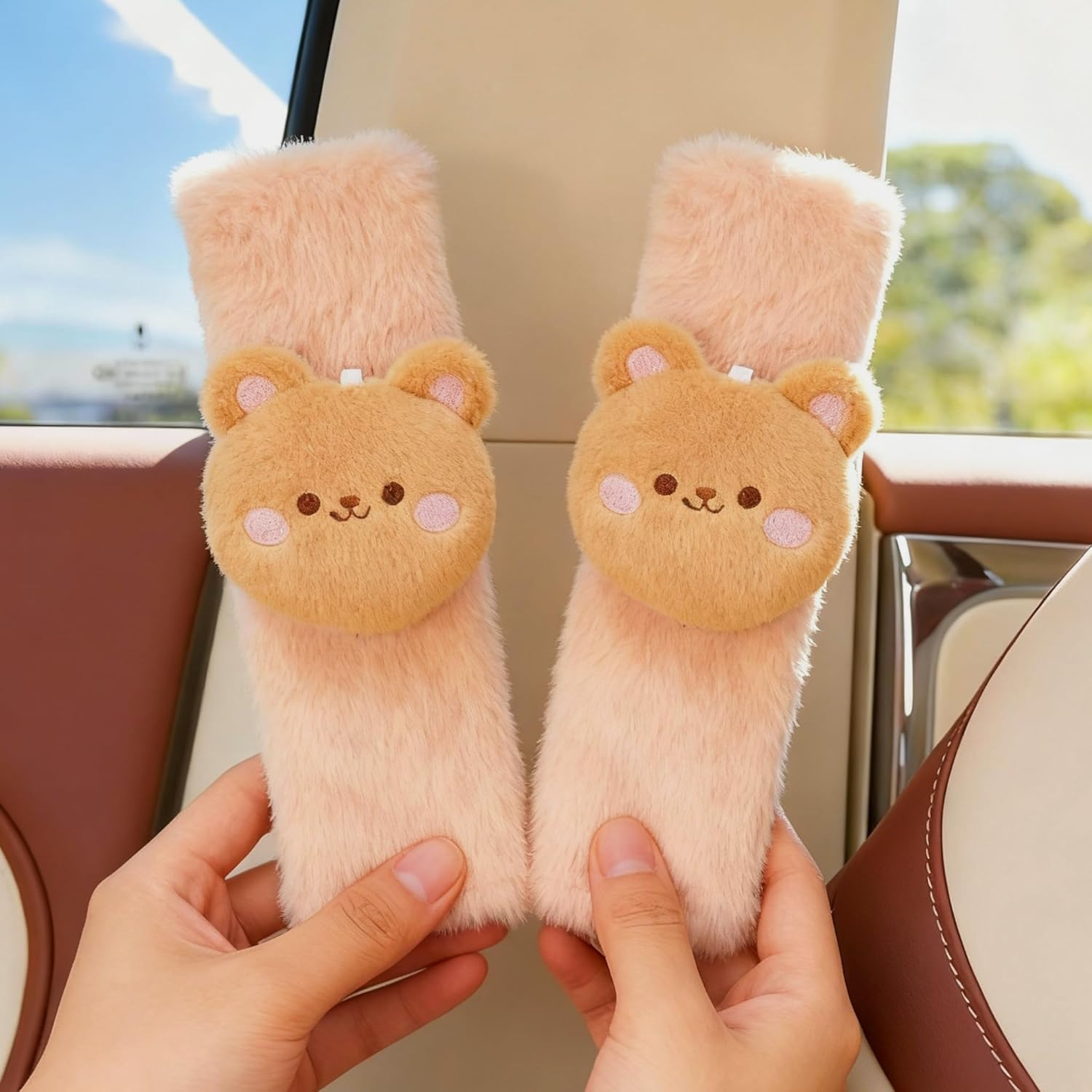 2 PCS Seat Belt Cover Pad, Cute Kawaii Cartoon Seatbelt Covers for Kids and Women, Winter Plush Fluffy Soft Seat Belt Cover, Bunny Dog Bear Seatbelt Cushion,Car Seat Strap Pads (F-Bear) image number 2