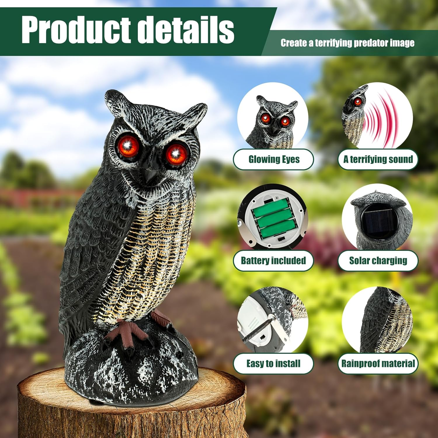 Owl Decoy to Scare Birds Away, Solar Powered Fake Owl Scarecrow Plastic Owls Waterproof Owl Statue with Flashing Eyes & Scary Sound Bird Deterrents for outside Garden Yard Patio (Black) image number 2