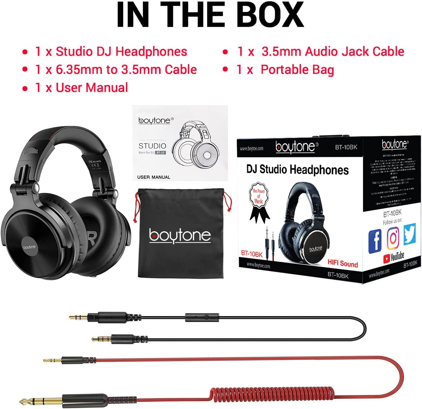 Boytone BT-10BK Wired over Ear Headphones Studio Monitor & Mixing DJ Stereo Headsets with 50Mm Drivers and 1/4 to 3.5Mm Audio Jack for Audio Mixer Computer, Phone, Guitar, Laptop, Amplifire image number 3