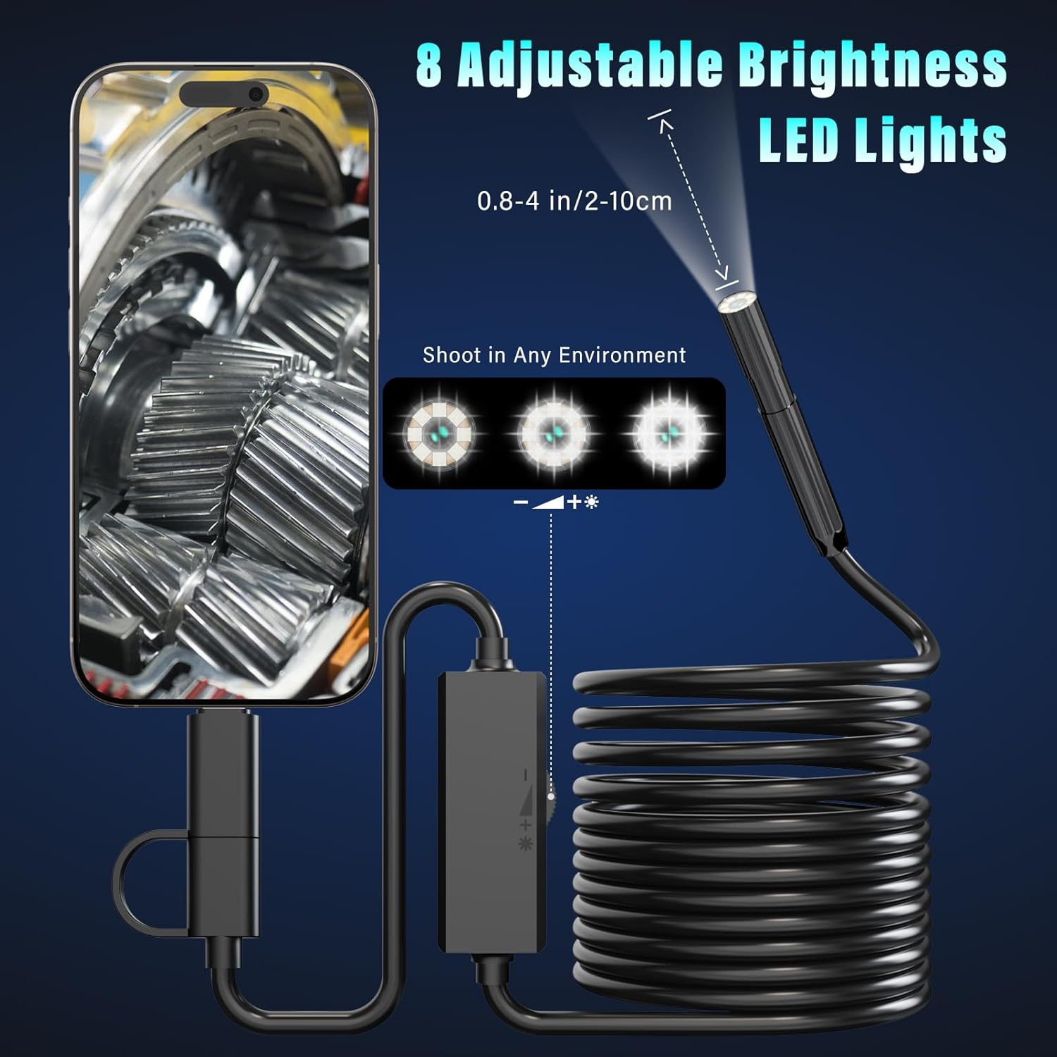 Endoscope Camera with Light, 1920P Dual-Lens HD Borescope Tools with 8 Adjustable LED Lights, 5.5Mm Snake Camera with 16.4Ft Semi-Rigid Cable, IPX67 Waterproof Inspection Borescope for Ios and Android image number 5