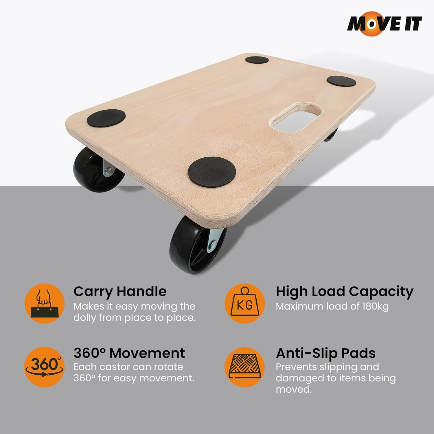 Move-It Platform Dolly with Grip Pads, Heavy-Duty Anti-Slip Transport Roller Trolley for Moving Furniture & Equipment, 180Kg Load Capacity, Wooden (45 X 30Cm) image number 4