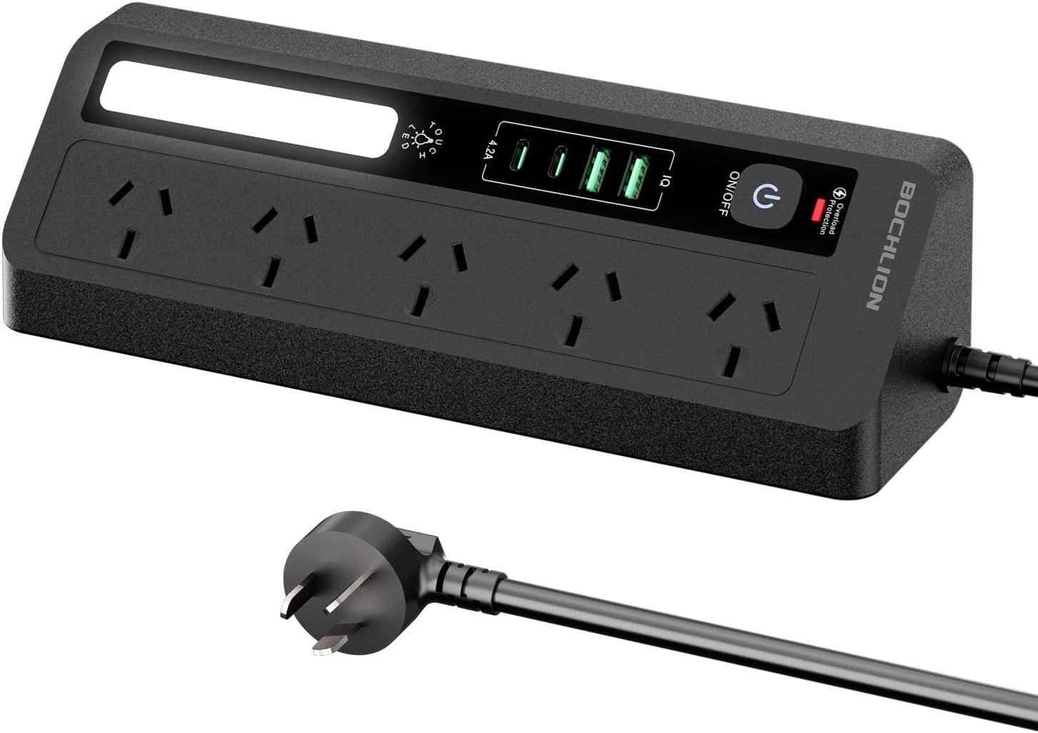 Desk Extension Lead with USB Slots, BOCHLION 2 USB C and 2 USB a Ports Power Socket with Night Light, 5 Way Plug Extension Socket Surge Protector, Desktop Power Strip 1.8M for Home Office (Black)