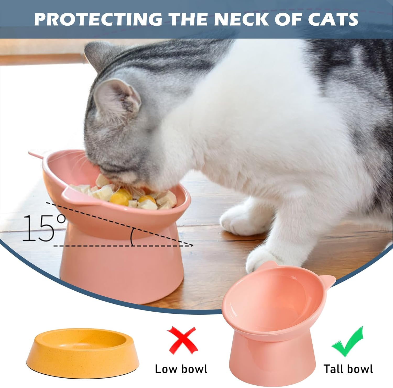 2 Pieces Raised Cat Bowl, Cat Bowl, 15&deg; Inclined Cat Bowl, Food Bowl, Relaxing Cervical Spine, for Cats, Puppies, Rabbits (Pink+Blue) image number 2