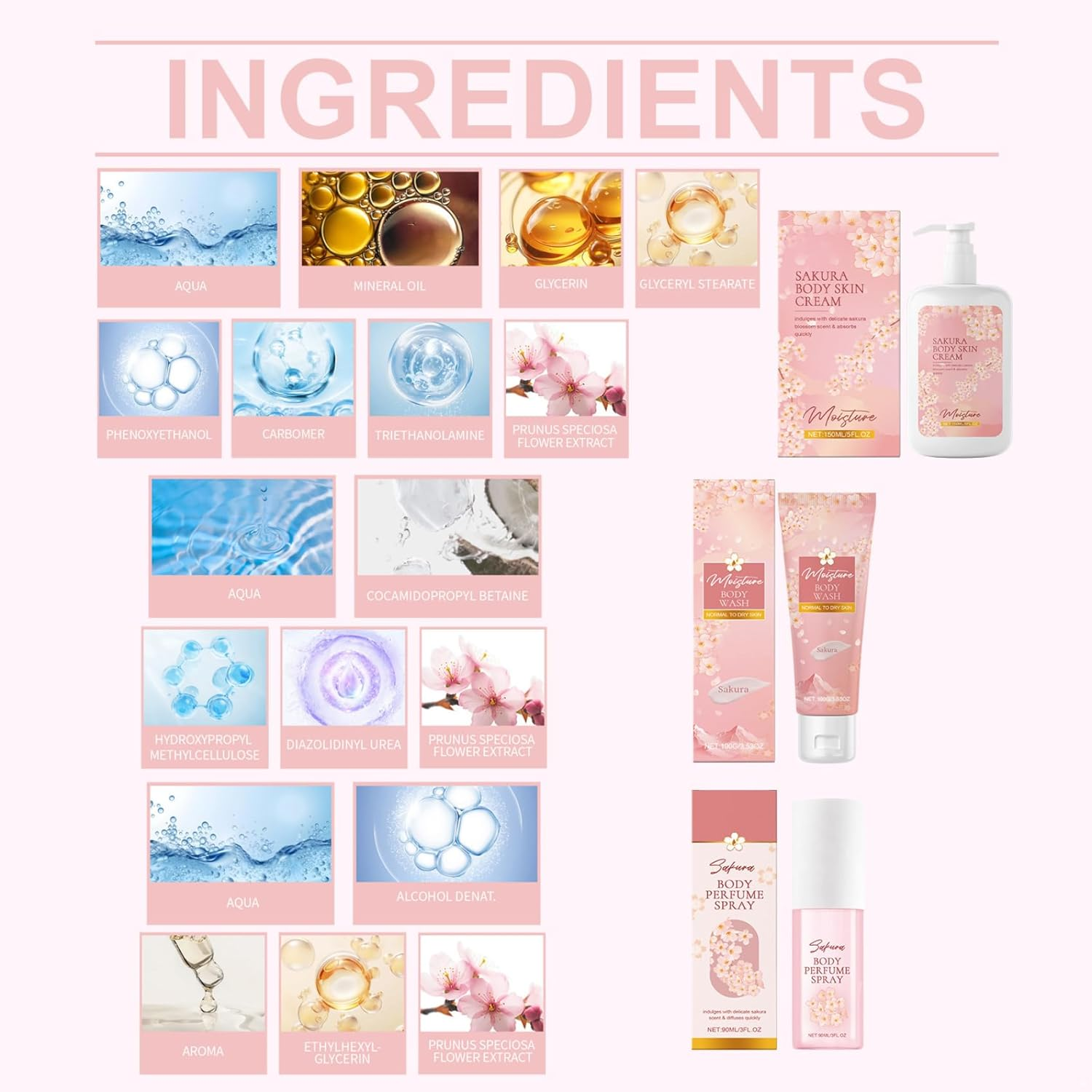 Miutii Cherry Blossom Scented Bath and Body Set 3 Piece Kit with Body Wash Cream and Perfume for Soft Skin Non Greasy Pink One Size image number 4