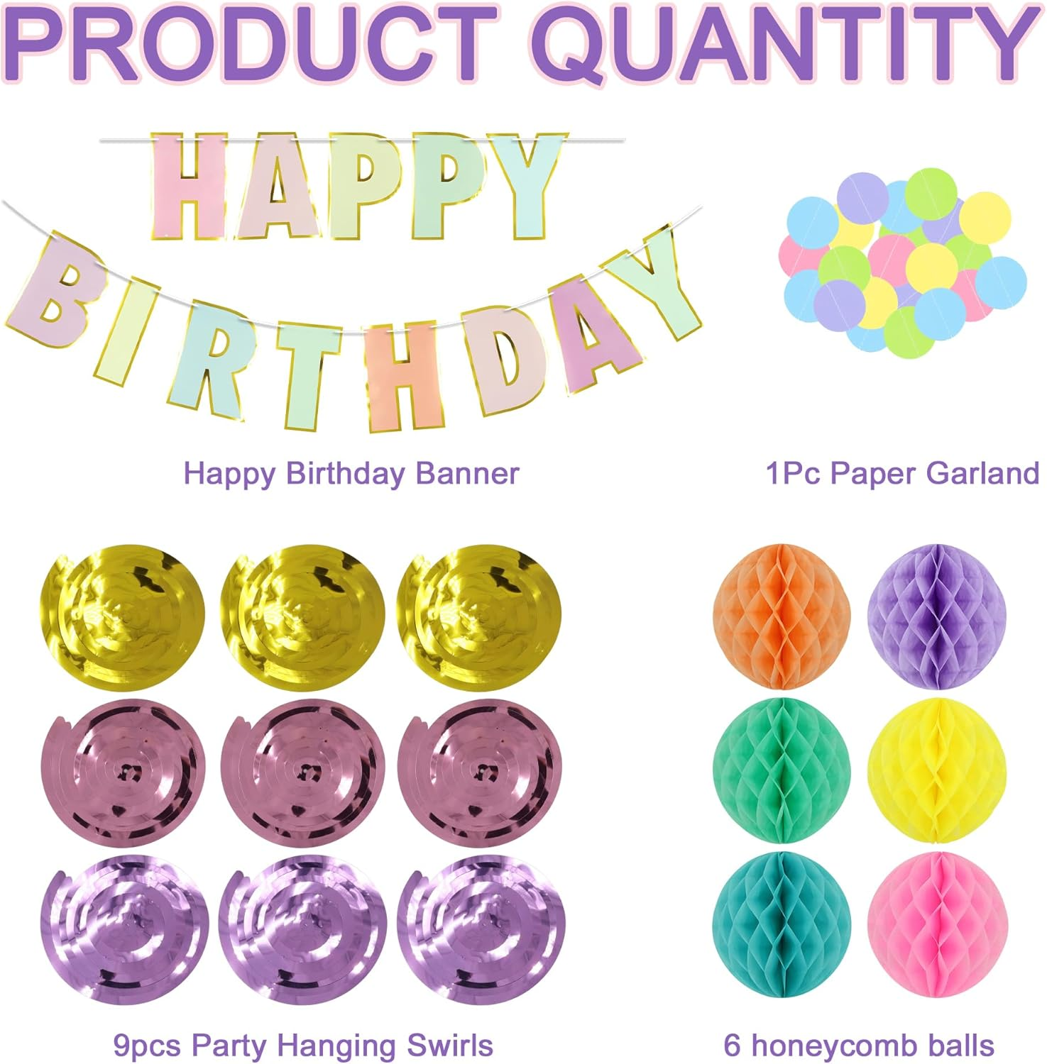 Pastel Birthday Party Decorations, 17 Pcs Macaron Birthday Decor with Birthday Sign, YITOBA Pre-Strung Happy Birthday Banner, Dot Garland, Hanging Streamer, Honeycomb Balls (Colorful) image number 4