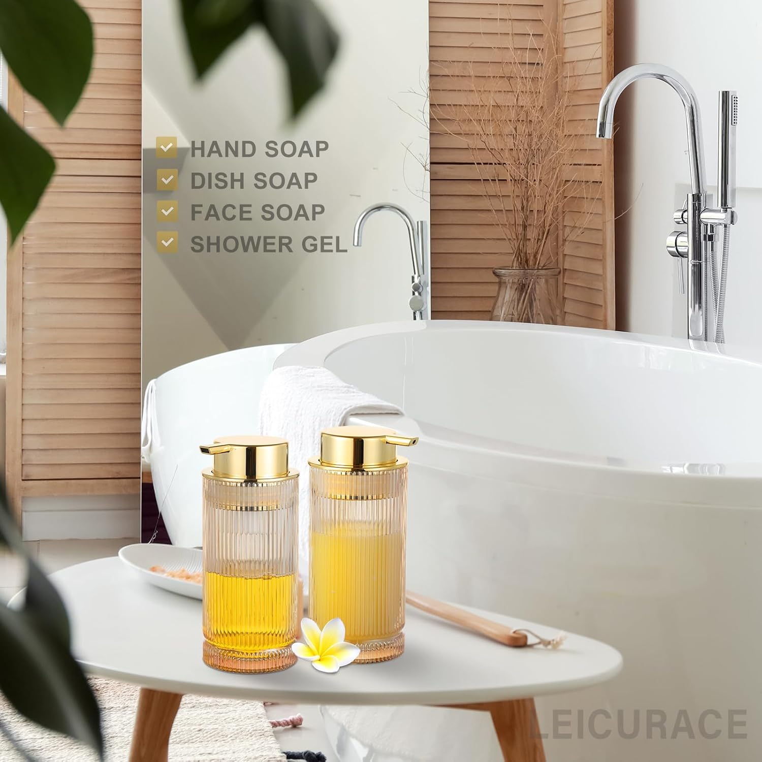 LEICURACE Glass Liquid Soap Dispenser, Refillable Liquid Dispenser with Gold Pump, Hand Soap Dispenser for Bathroom Kitchen, Modern Home Bathroom Decor （Liquid Type/Gold） A031-004-AU - Liquid Type/Clear image number 4