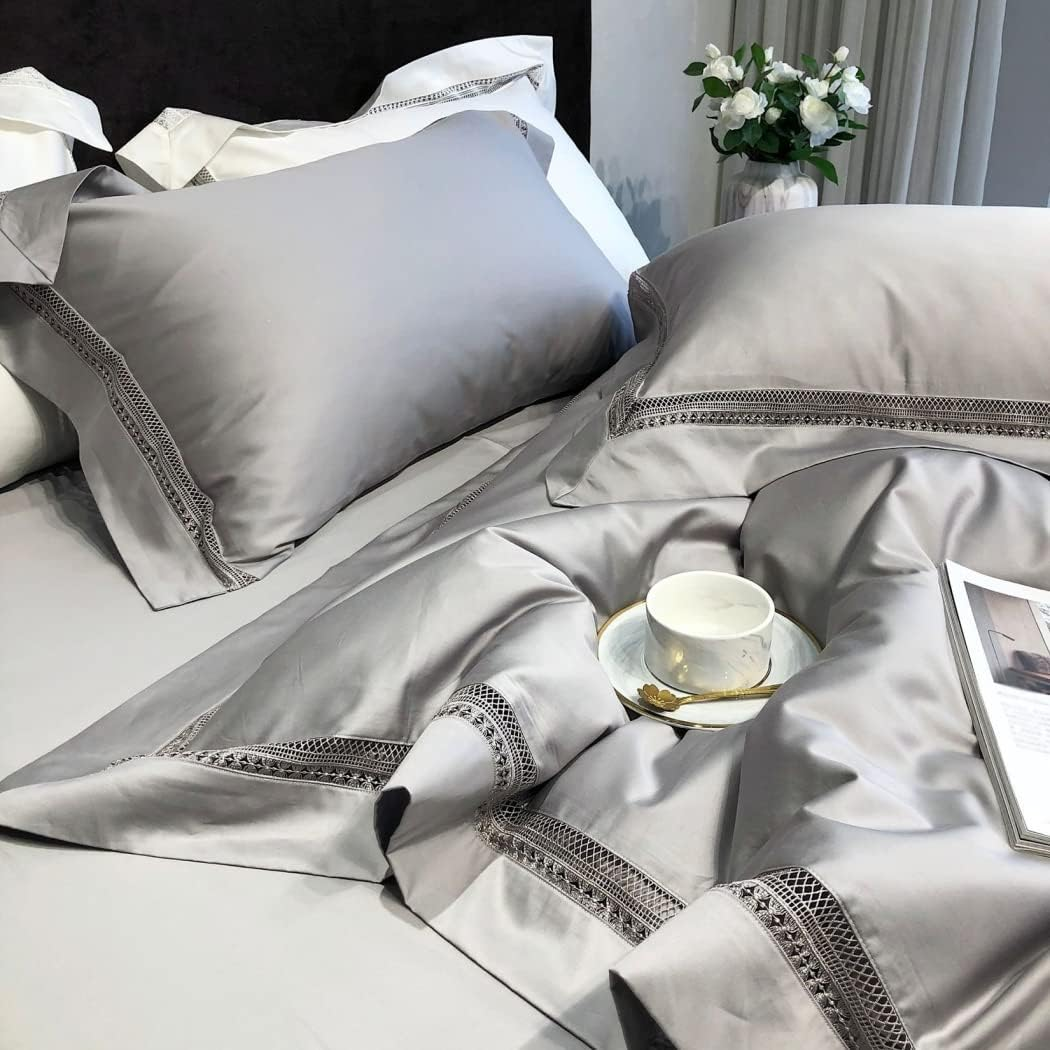 Modern Minimalist Hollow Edge Long-Staple Cotton Four-Piece Set Cotton Cotton Solid Color Quilt Cover Bedding,Silver,2200 * 2400Mm