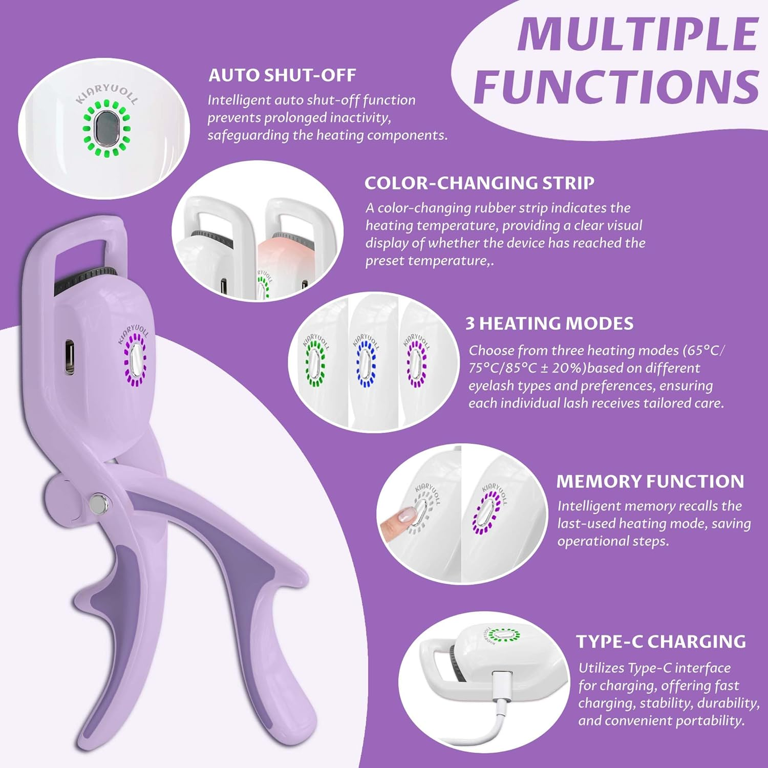 Electric Heated Eyelash Curler Kit Hot Lash Therapy Professional Eyelash Tools Battery Powered Lash Lifter Rechargeable Clamp for Various Eye Types Plastic Material (Colour Purple) - White image number 2