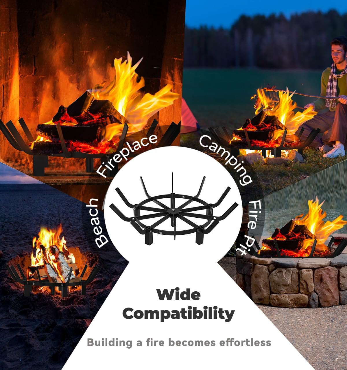 24 Inch round Fire Pit Grate with 10 Bars for Firepit, Heavy Duty Firewood Log Burning Rack Holder for Fireplace Hearth Wood Stove and Outdoor Campfire, Black image number 3