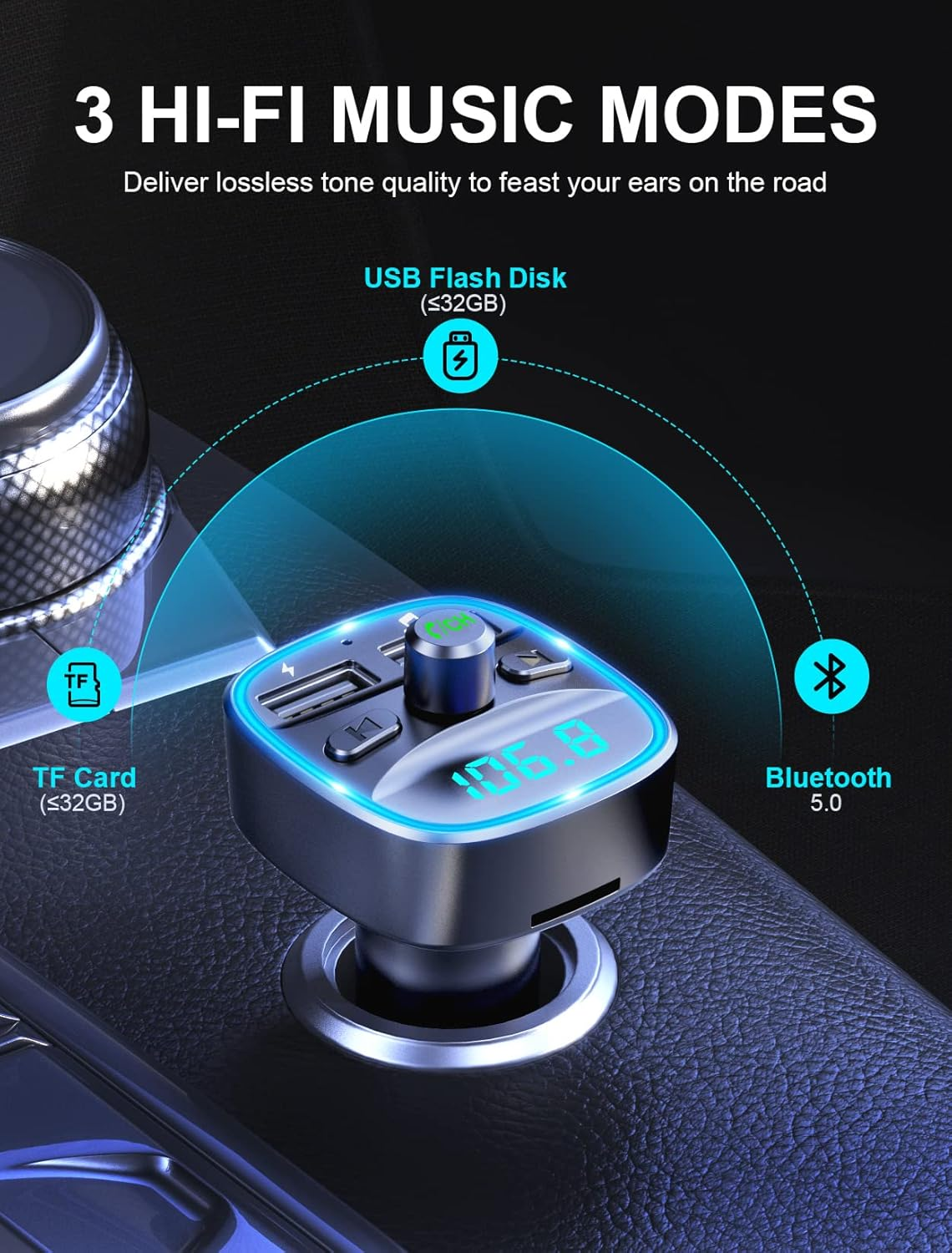 Mohard Bluetooth FM Transmitter for Car, Bluetooth Car Adapter MP3 Player FM Transmitter, Hands-Free Calling, Dual USB Ports (5V/2.4A & 1A), LED Screen, Support TF Card & USB Flash Drive image number 1