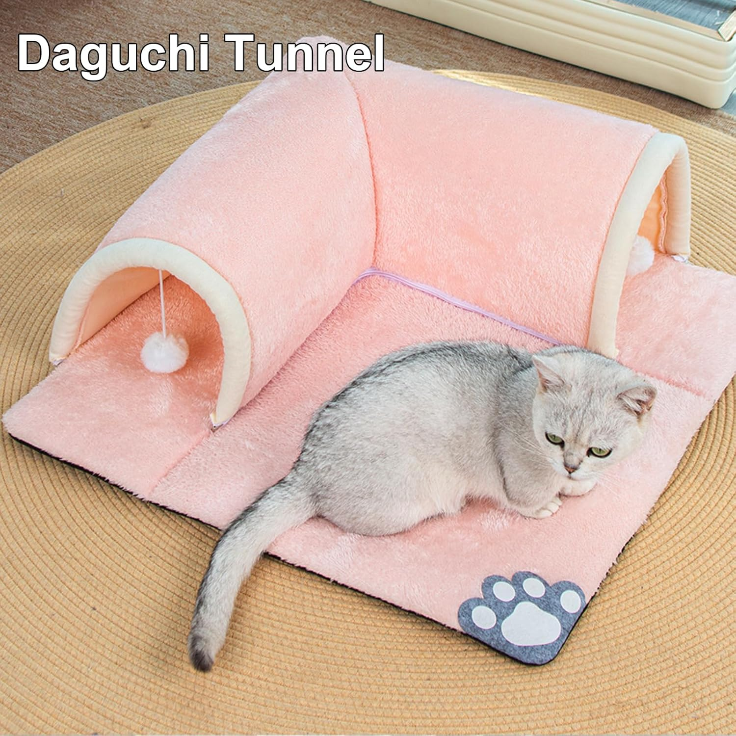 Cat Tunnel Bed, 2-In-1 Cat Play Tunnel with Carpet, Removable Kitten Pet Play Tube - Washable Kitten Cave Mat with Ball Toy, Cat Rug, 50 X 50 Cm (Pink) image number 2
