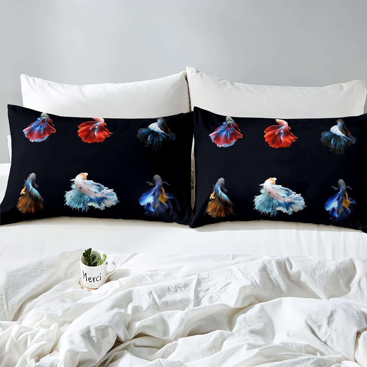 Homemissing Betta Fish Duvet Cover Set, Colourful Siamese Betta Fish Bed Set, Underwater Animal Pattern, Bedding Set, 135 X 200 Cm, for Children, Adults, Aquarium, Life in the Sea, Sea World Room Decoration image number 2