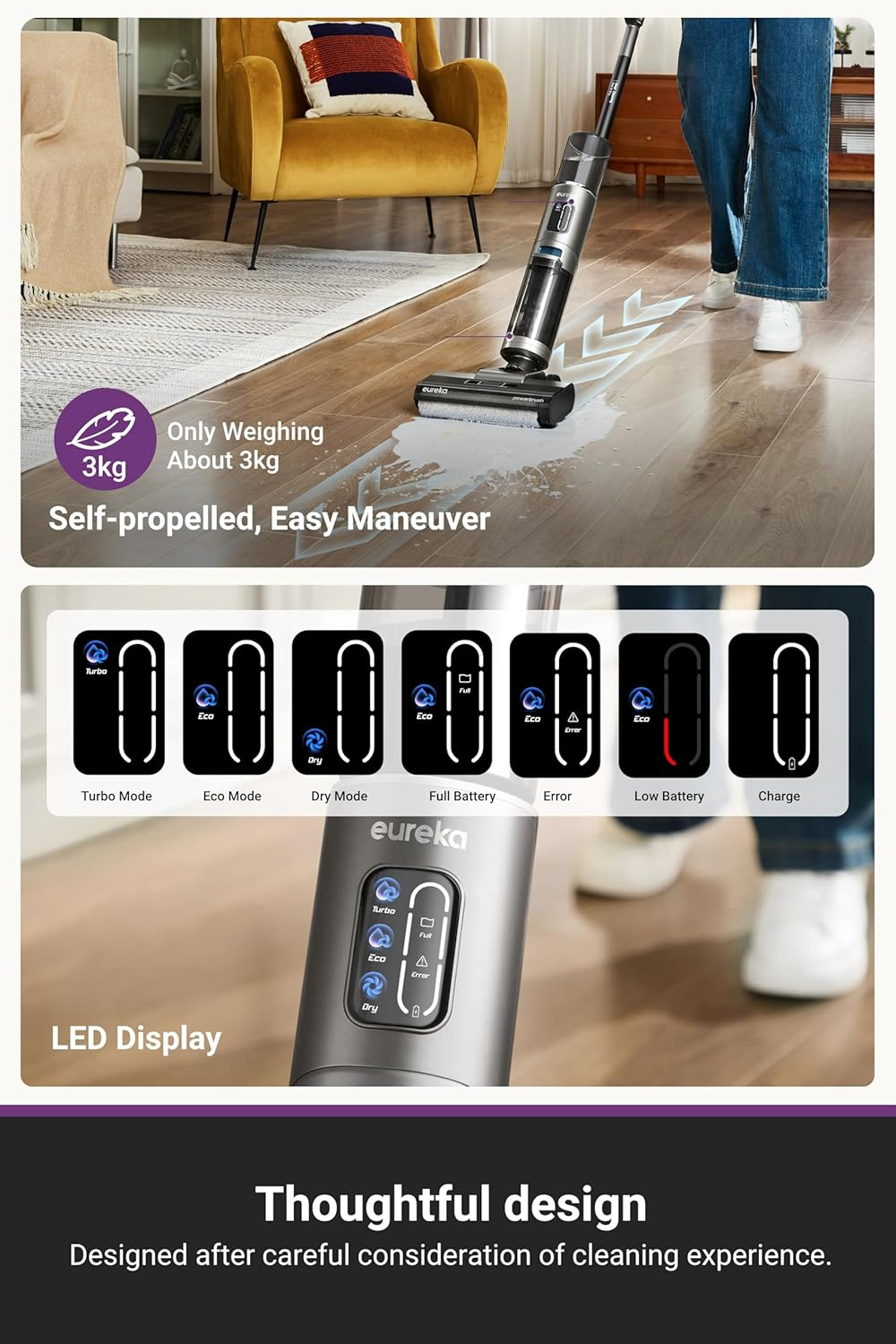 EUREKA Rapidwash NEW430BL Cordless Wet Dry Vacuum Cleaner, Smart Floor Washer with Self Cleaning, Air Drying, Edge Clean, LED Display, Powerful Suction, Tangle-Free Design, Long Runtime image number 4