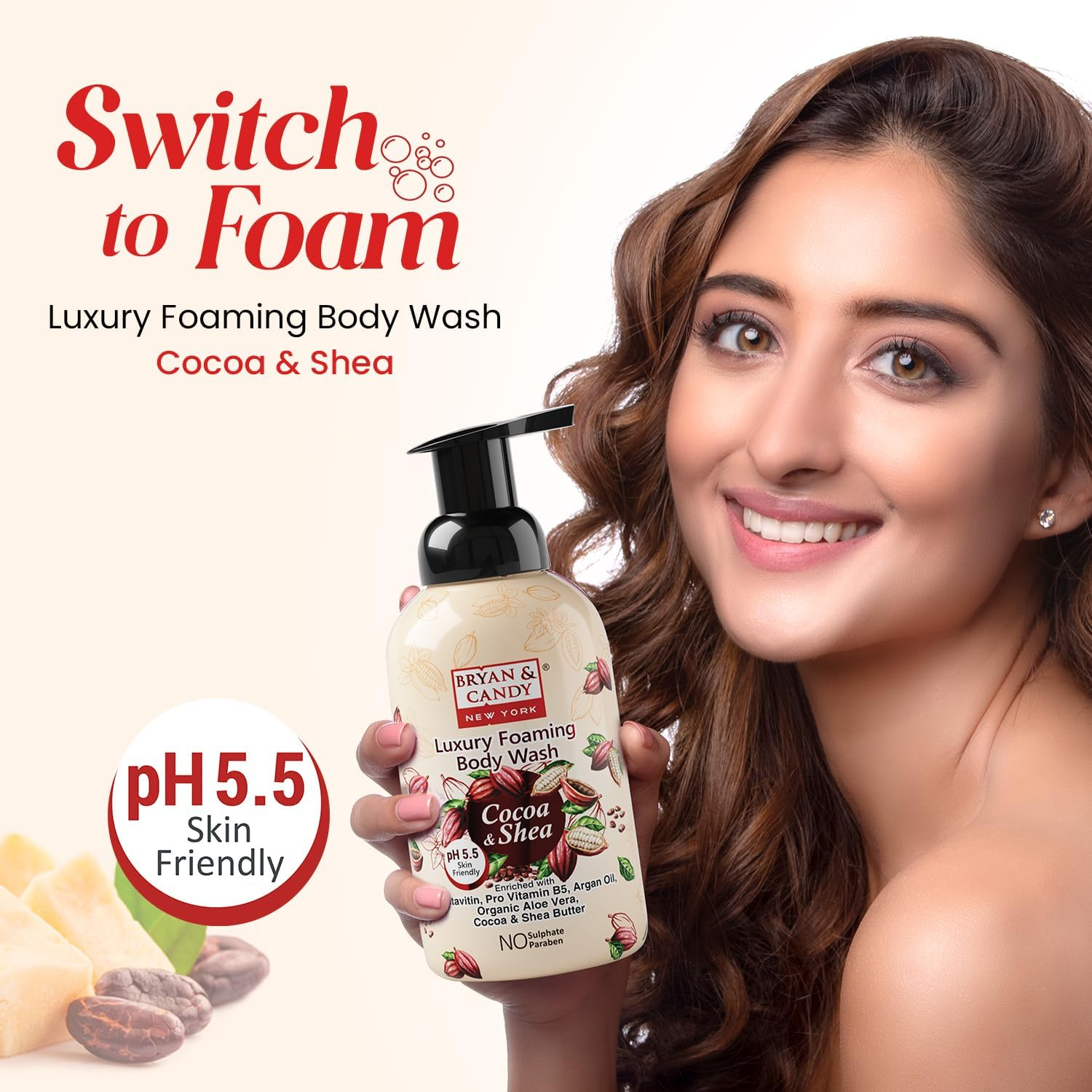 Bryan & Candy Cocoa Shea Luxury Foaming Body Wash with Pentavitin, Pro Vit B5, Argan Oil, Aloe Vera, Cocoa Shea Butter, Skin Friendly Ph 5.5, All Skin Types, 400 Ml