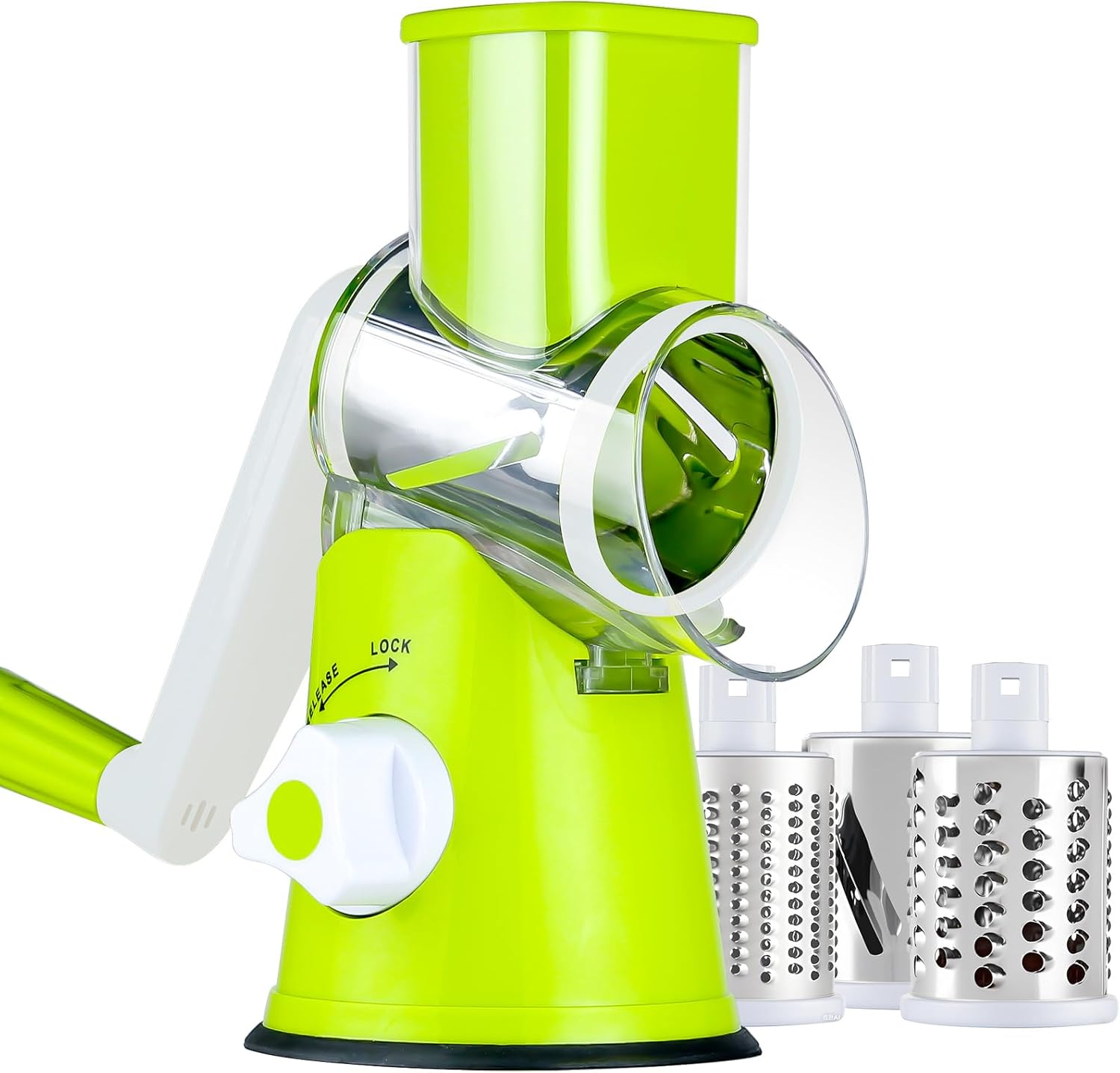 Rotary Cheese Grater Shredder, Speed Kitchen Manual round Mandolin Slicer Safe Grinder with 3 Interchangeable Blades for Nuts, Carrot, Hashbrown, Garlic, Walnut, Potato, Chocolate (Green)