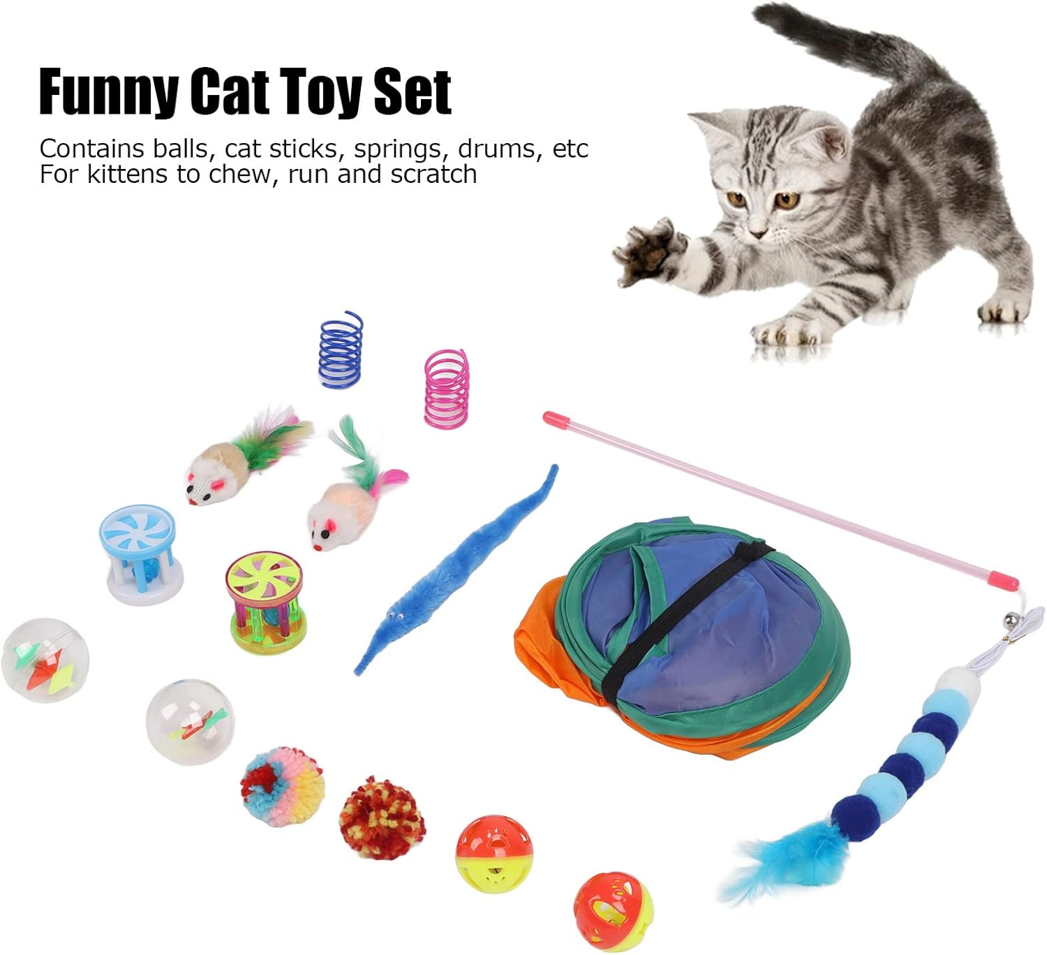 EVTSCAN Cat Toy Set Interactive Toxic Free Tent Ball Mouse Springs Funny Kitten Toy Assortment 15Pcs image number 5