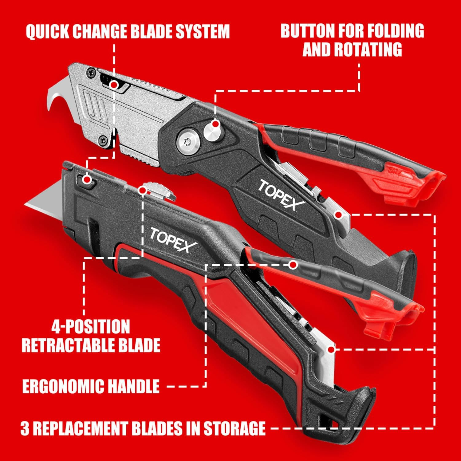 TOPEX 58PCS Folding Utility Knife Set Pocket Blades Box Cutter W/Retractable Blade image number 2