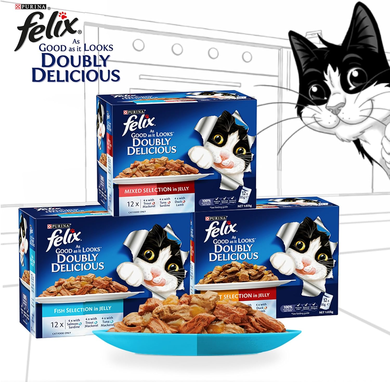 Felix as Good as It Looks Doubly Delicious Fish Selection in Jelly Wet Cat Food, 85 G (Pack of 12)