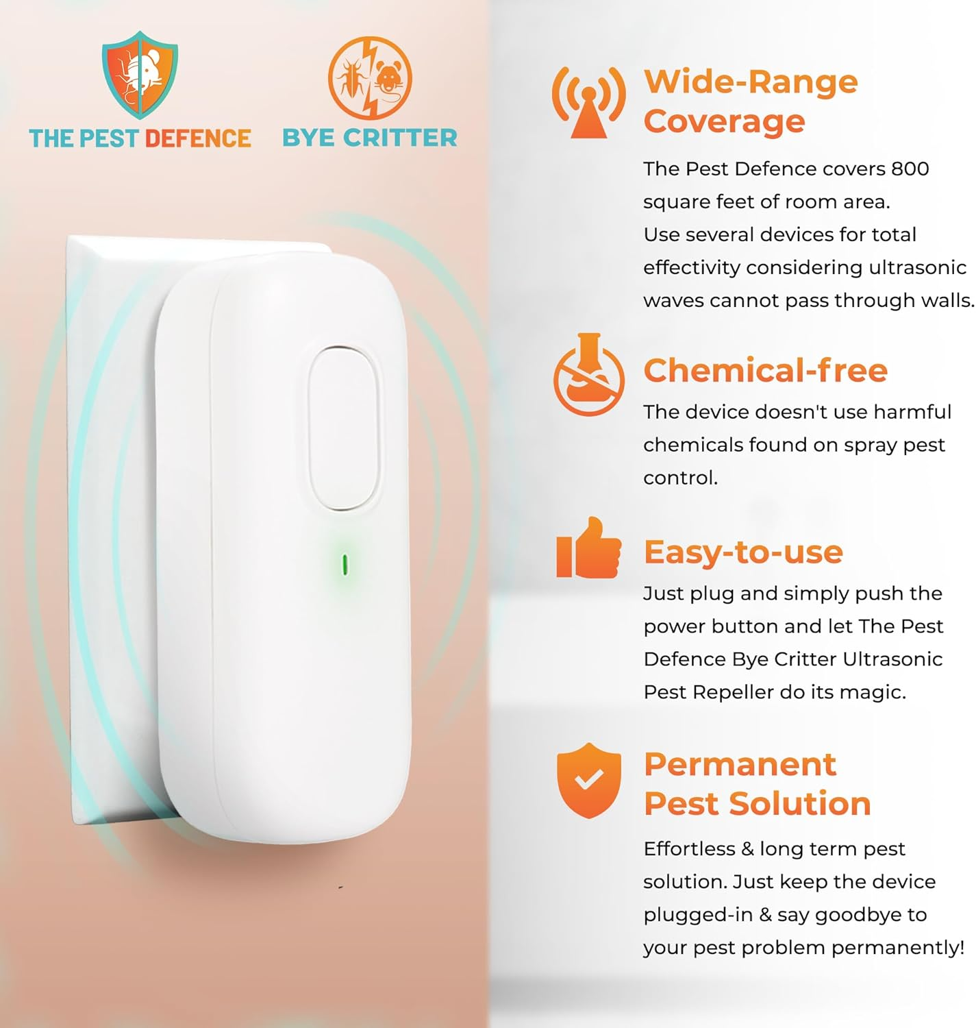 Pest Defence Ultrasonic Pest Repeller, Bye Critter Ultrasonic Pest Repeller Plug-In Mouse Repellent for Home &ndash; Repels Mice, Spiders, Rodents, Cockroaches, and Ants &ndash; Eco-Friendly, Chemical-Free image number 1