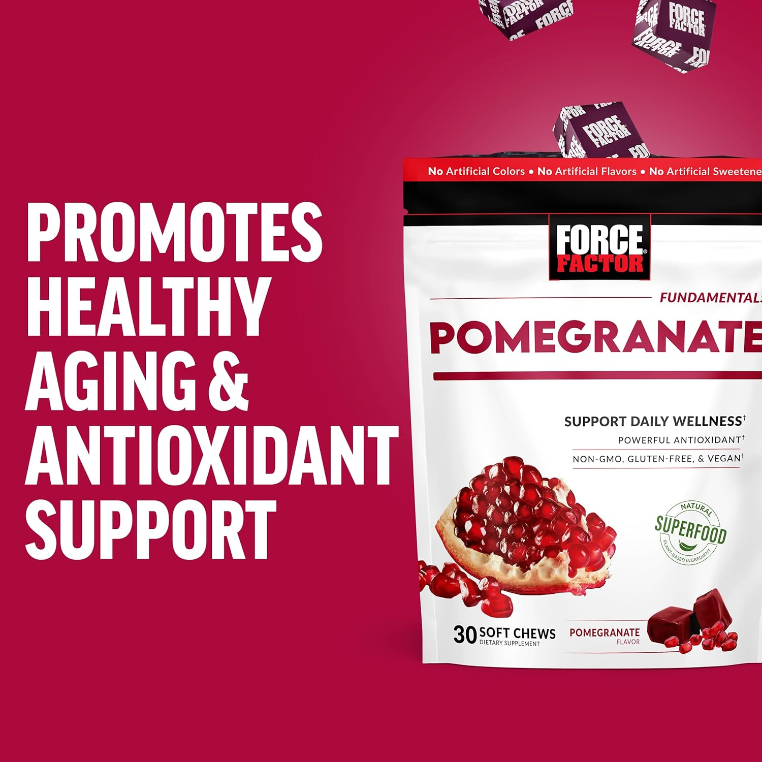 Force Factor Pomegranate Soft Chews for Healthy Aging, Heart Health, Bone Health, & Brain Health, Superfood & Antioxidants Supplement, Non-Gmo, Gluten-Free, Vegan, Pomegranate Flavor, 30 Soft Chews image number 4