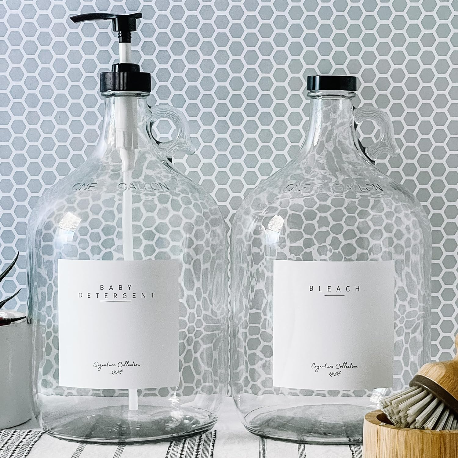 Laundry Detergent and Fabric Softener Dispenser - Two One Gallon Glass Jugs, 128 Oz - Black Liquid Pump, Includes 4 Labels