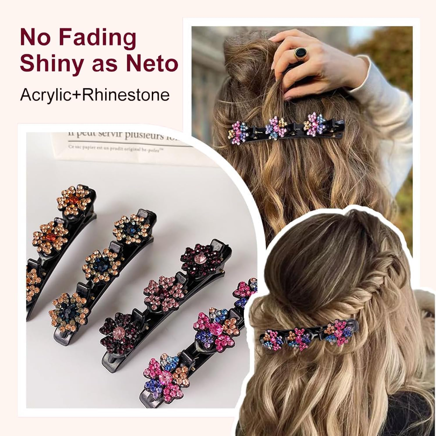 Pack of 4 Sparkling Crystal Stone Braided Hair Clips, Shiny Rhinestone Hair Clip, Elegant Hair Styling Clips, Hair Clips Women, Hummingbird Hair Clip with Crystal Flower for Women Girls (A) image number 6