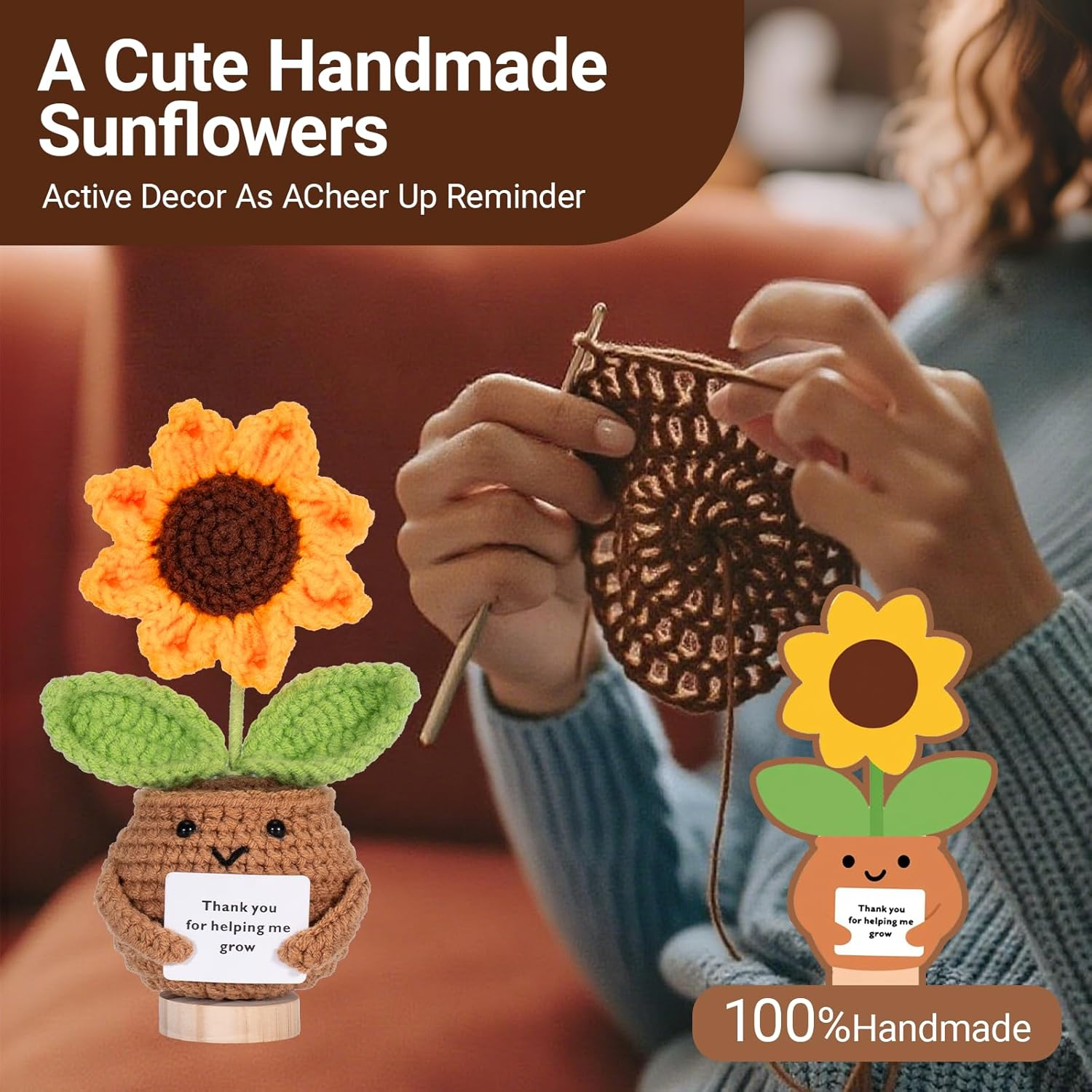 Mini Cute Positive Gifts Crochet Plant Thank You Crochet Gift Teacher Appreciation Gift Christmas, Birthday Best Friend,Teacher, Sister, Mom Gifts (Yellow Sunflower) image number 5